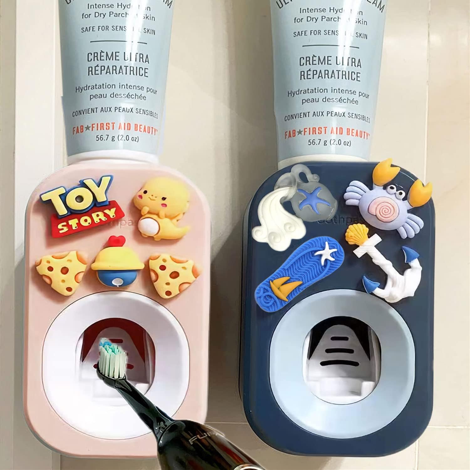 Automatic Toothpaste Dispenser Wall Mounted for Bathroom,Toothpaste Squeezer for Kids & Family Shower by Mr. Thumbs (2pc,Ocean & Cheese)