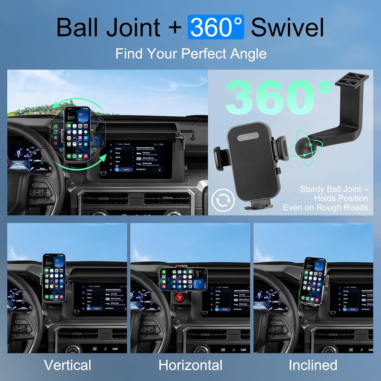 KAKSEY Car Phone Holder with Dash Organizer Compatible with Toyota Tacoma 2024 2025 Auto Accessories 8-Inch Screen Fixed Clip, Mobile Cellphone Mount Navigation Screen Bracket Hands-Free