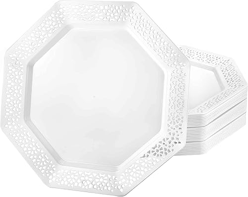 Lillian Collection - Platos de plástico (9,25 pulgadas, lacetagon perlado), color blanco