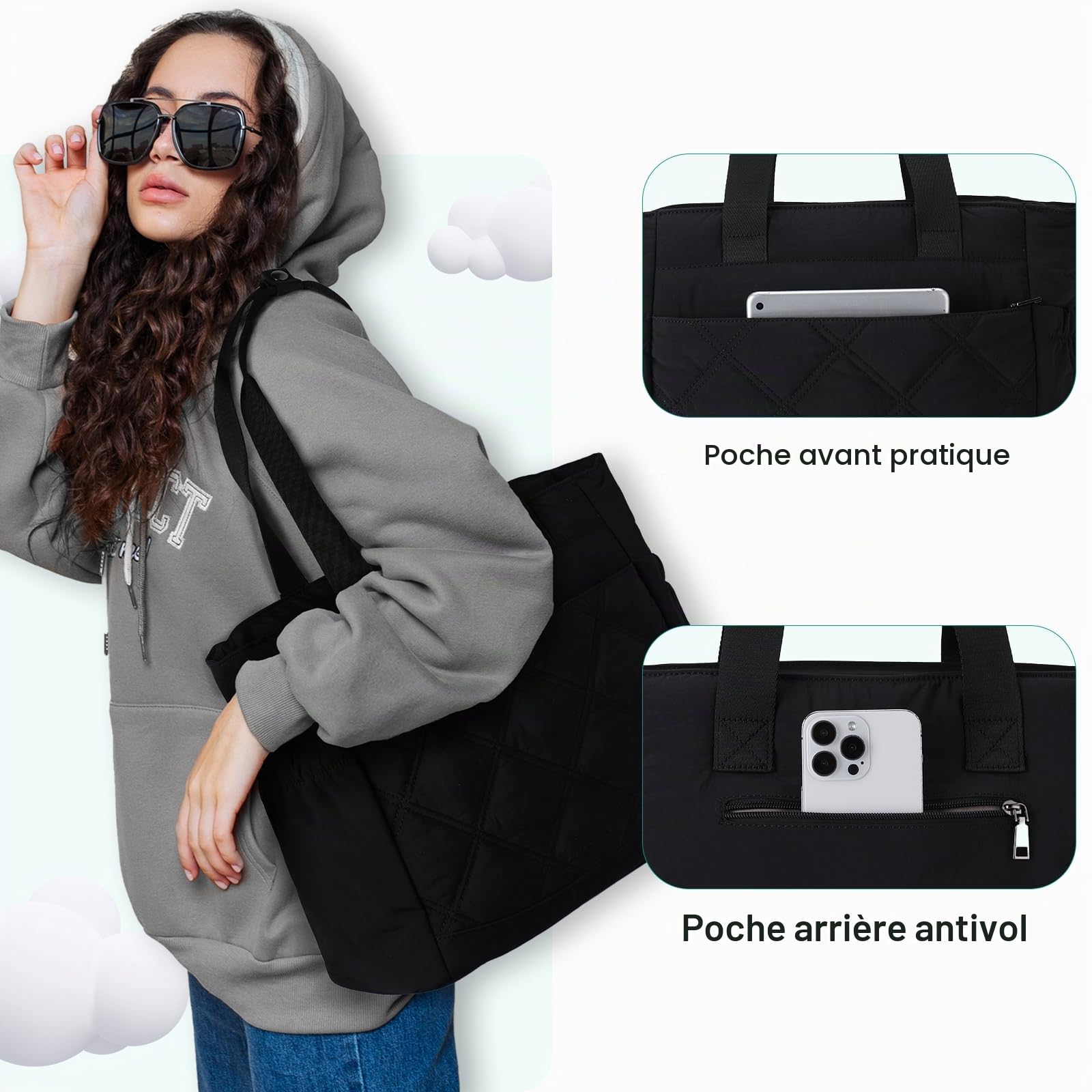 Chase Chic Sac Cabas Femme,Sac a Main Grande Capacité Sac Ordinateur Portable 15,6 Pouces Sac fourre-tout pour Voyage Travail