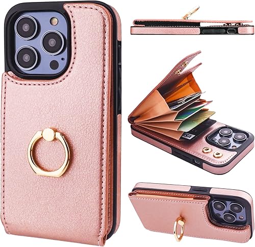 Vista 18 de Folosu Funda Cartera compatible con iPhone 14 Pro Max con soporte para tarjetas, rotación de 360°, soporte de anillo de dedo con función atril