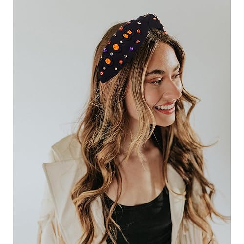 Vista 53 de Diademas de Halloween para mujer, diadema anudada con cuentas de truco o trato, diadema con nudo superior con diamantes de imitación, accesorio