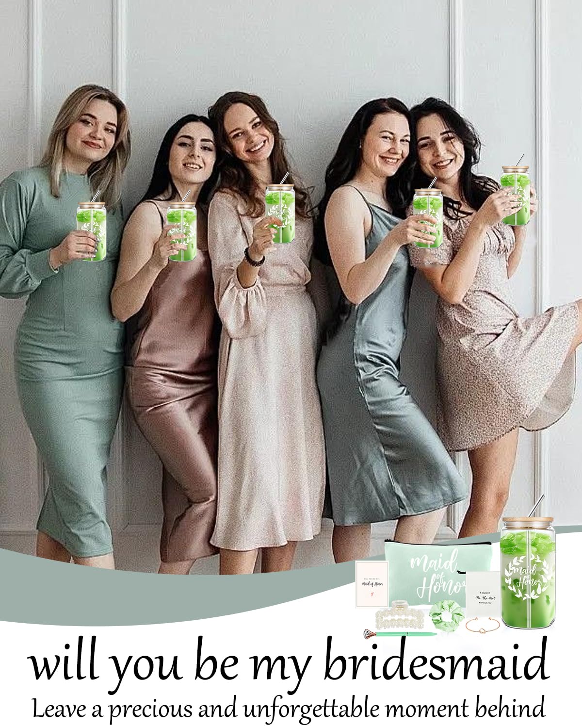 Set da 48 pezzi per proposta di damigella d'onore, set regalo per addio al nubilato, include tazze da caffè ghiaccio da 473 ml, sacchetti per il trucco, regalo Will You Be My Bridesmaid of Honor