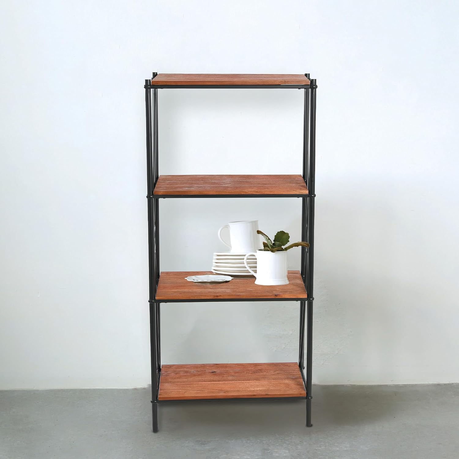 Creative Co-Op Saratoga Rustic Solid Wood and Metal 4 Shelf Open Storage Bookshelf, Warm Walnut Finish