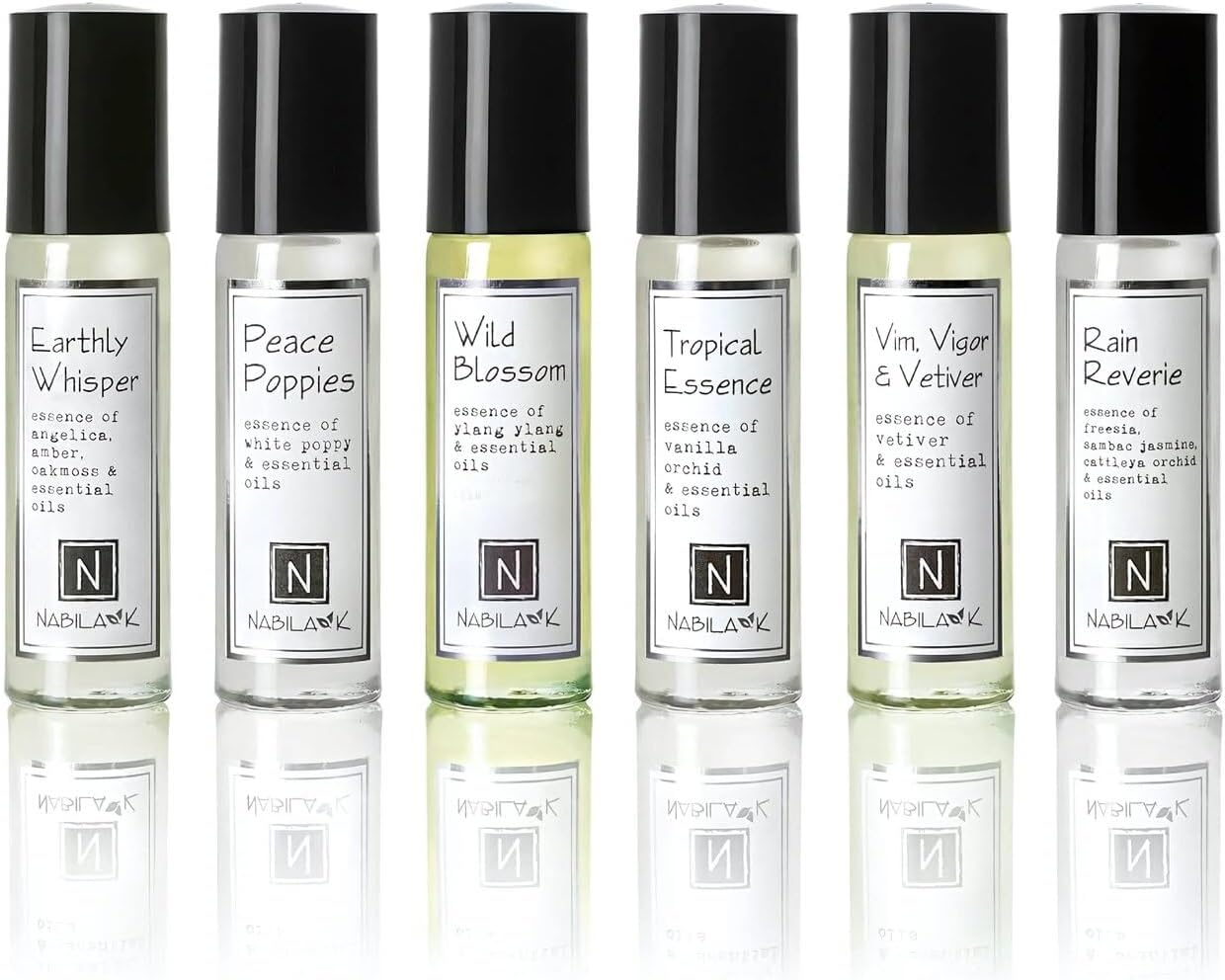 Nabila K Roll-on Perfume (Set of 6) with Essential Oils Alcohol-Free, All-Natural, Organic, Long-Lasting Fragrance - Travel-Size Perfume for Women - TSA Approved, 0.33 oz / 10 ml
