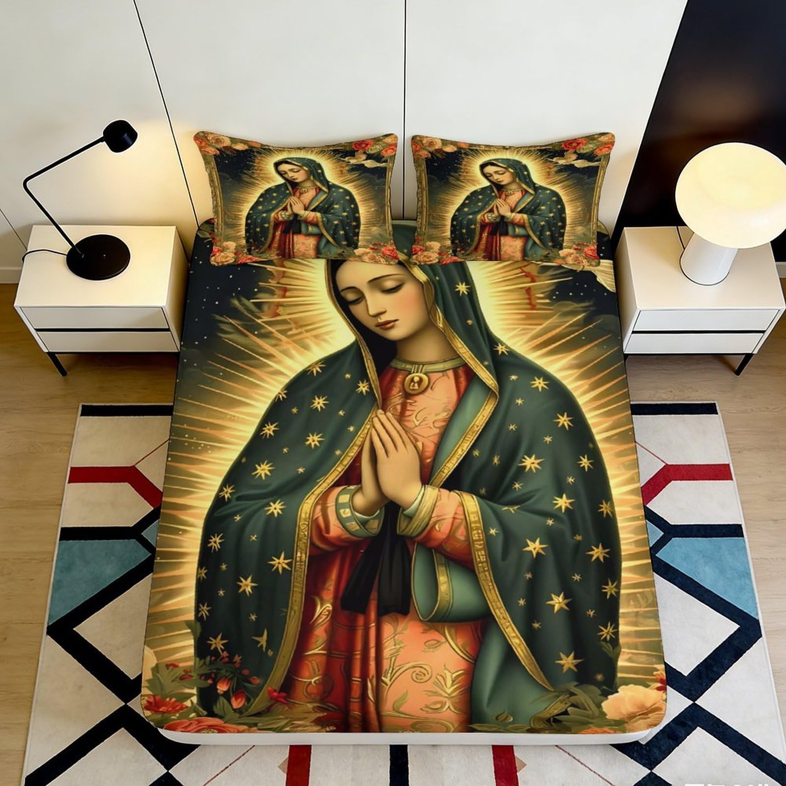 3D Printed Virgin Mary Art Fitted Sheet Microfiber Soft Anti-Slip Sacred Religious Bed Cover for Bedroom Home 90x200x25cm