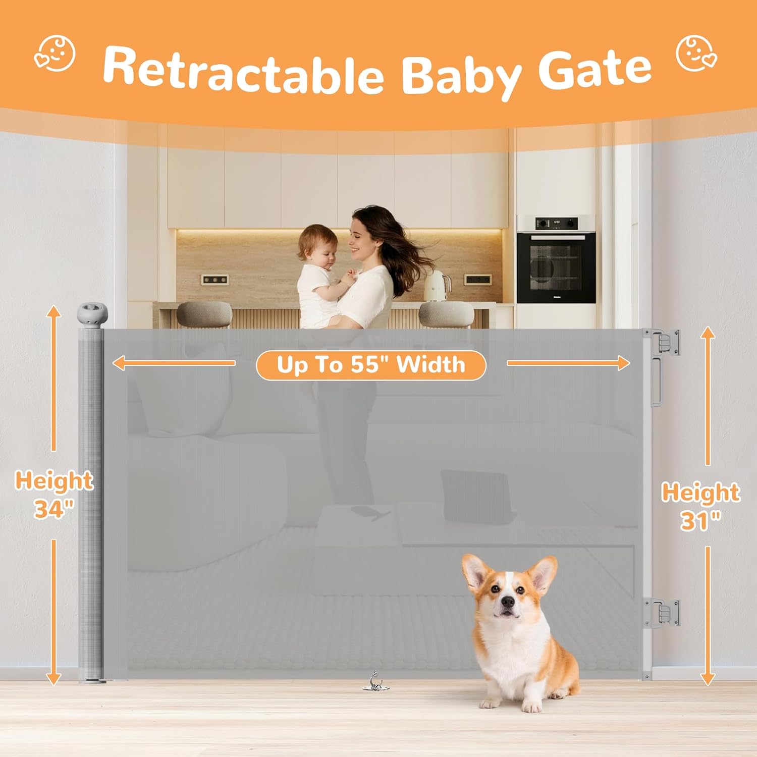 Retractable Mesh Baby Gate for Stairs - 34" Tall Extends to 55", Space Saving Dog Gate with Anti-Crawling Hook and Adjustable Baseboard Bracket, Baby Gate for Doorways, Hallways, Gray