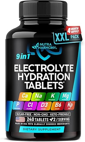Miniatura 10 de Electrolitos - Tabletas de electrolitos con magnesio, sodio, potasio, cloruro, vitaminas D3 y B6, polvo de alga Kelp - Pastillas de sal - Fabricadas