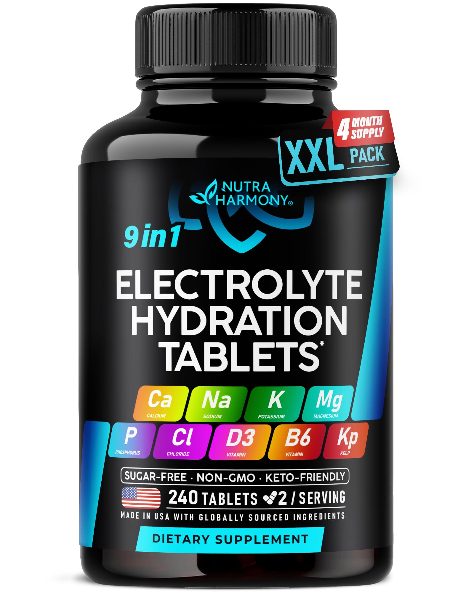 Electrolytes - Electrolyte Tablets with Magnesium, Sodium, Potassium, Chloride, Vitamins D3 & B6, Kelp Powder - Salt Pills - Lab Tested - Oral Tablets as Capsules - Vegan & Keto Friendly - 240 Tabs