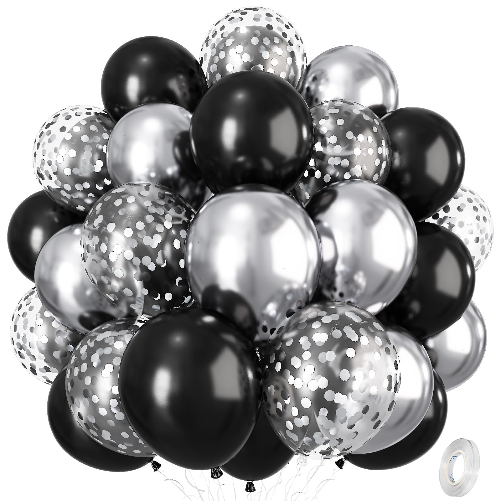 Black and Silver Balloons, 12 Inch Metallic Chrome Black Silver Confetti Latex Helium Balloons for Men Boys Birthday Baby Shower Wedding Engagement Halloween New Year Bachelorette Party Decorations