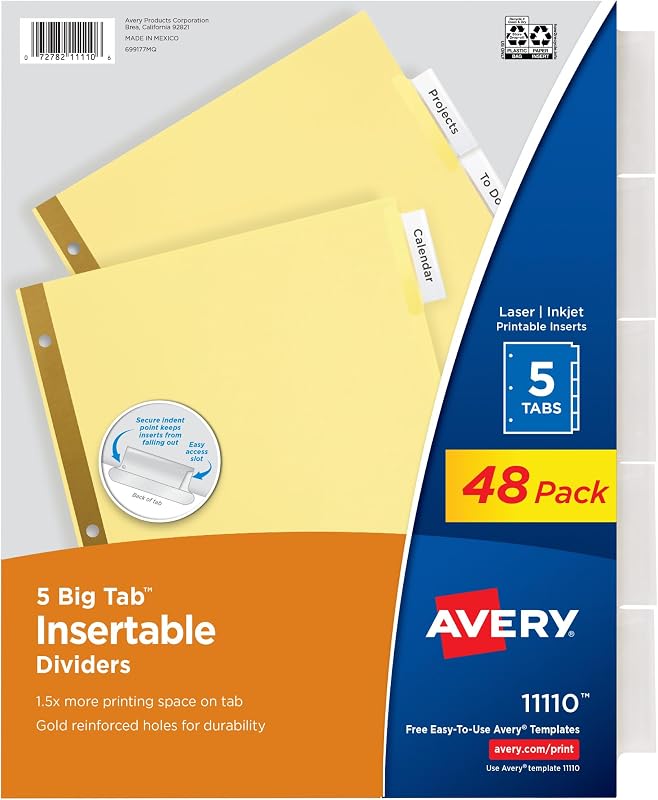 Avery Divisores insertables para carpeta de 3 anillas, juegos de 5 pestañas, pestañas grandes transparentes, papel pulido con agujeros reforzados en oro, 48 juegos en total, ideal para organizar informes, proyectos y más (48 paquetes de 11110)
