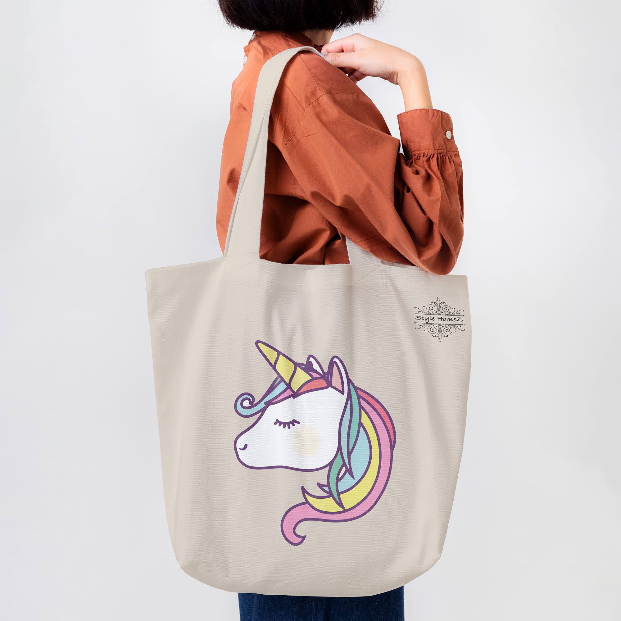 ALFANSO Classic Eco-Friendly & Reusable Cotton Canvas Grocery Tote Bag, Medium Size 16 x 14 Inch Natural Color (UNICORN) 1