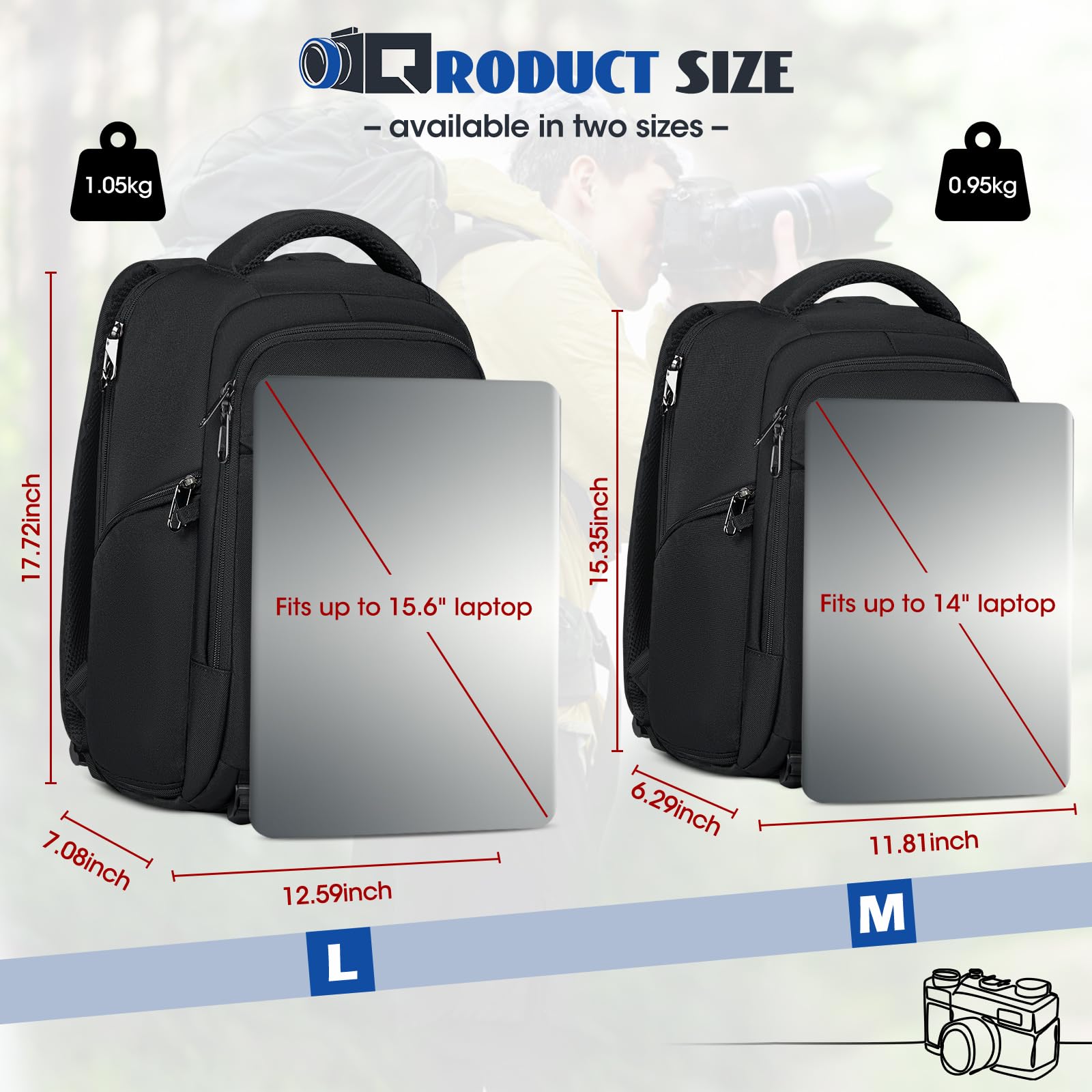 RAINSMORE Zaino Fotografico Professionale per Computer da 14 Pollici Zaini per Fotocamera per Fotografi Copertura Antipioggia Borsa Fotografica DSLR per Canon Nikon Sony Nero