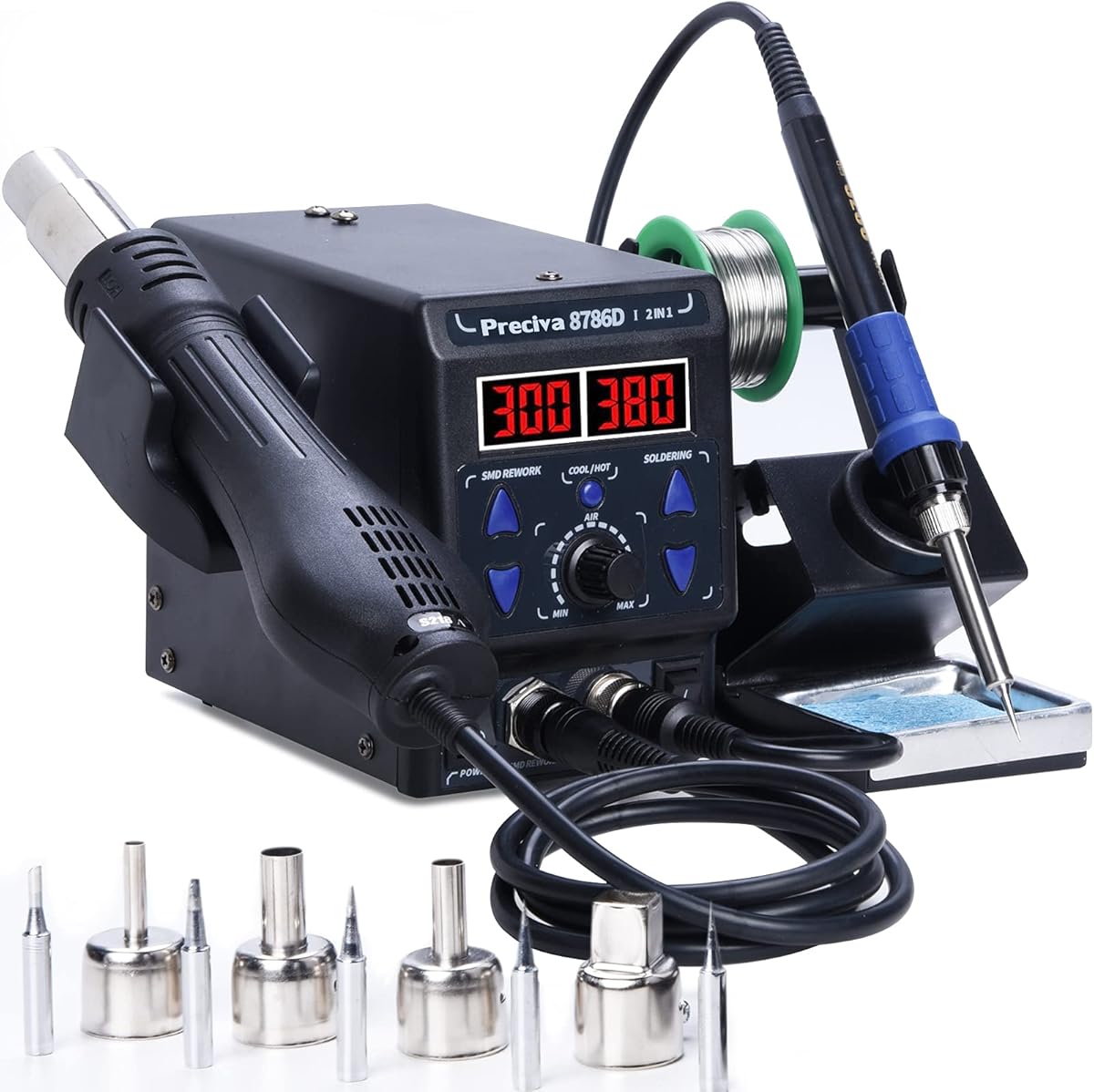 Preciva 8786D I 2 in 1 Hot Air Soldering Station and Soldering Iron Station with ℉/℃, Cold/Hot Air, Digital Temperature Correction and Standby Function (EUR)
