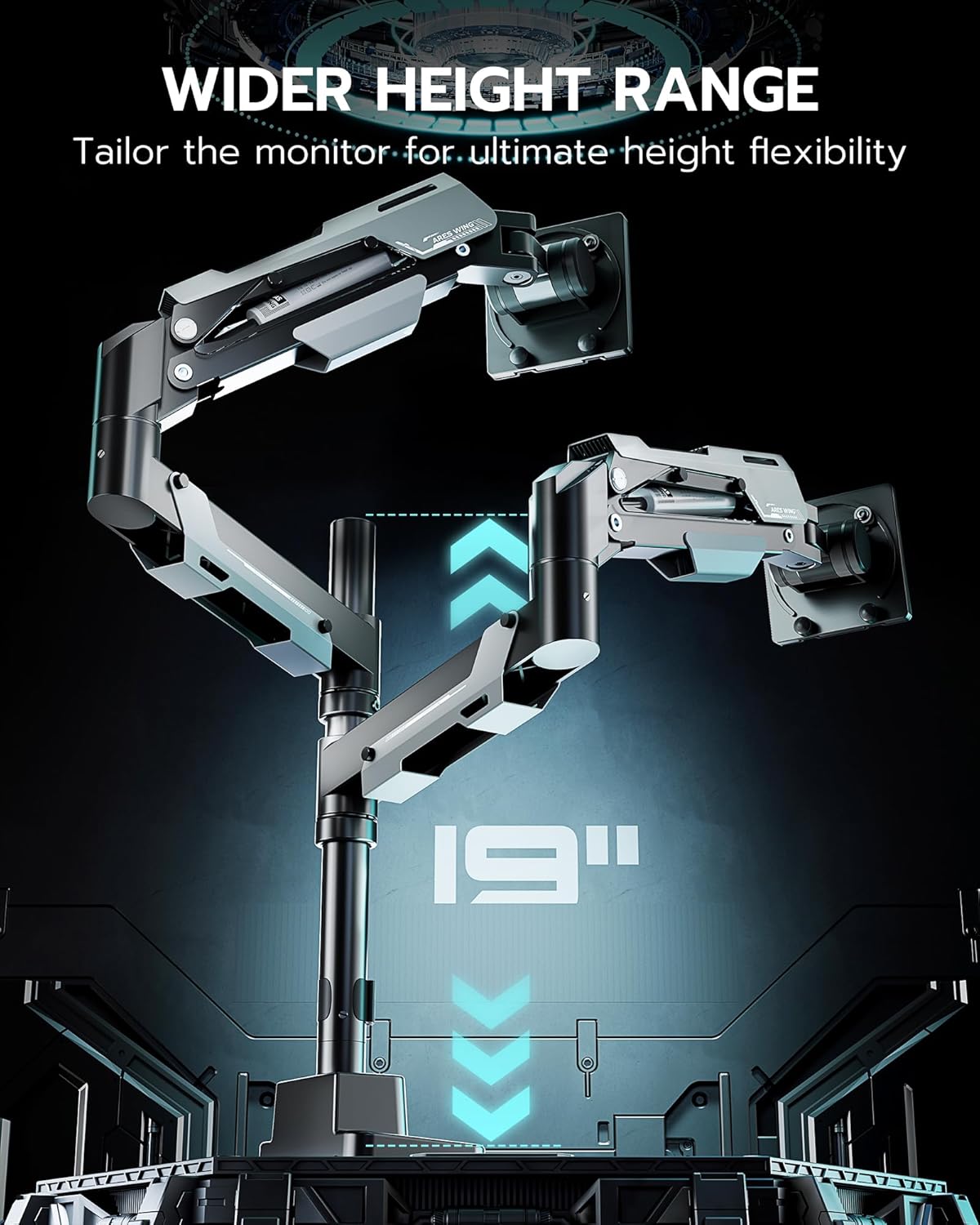 Diagram showing the 19-inch height adjustment range