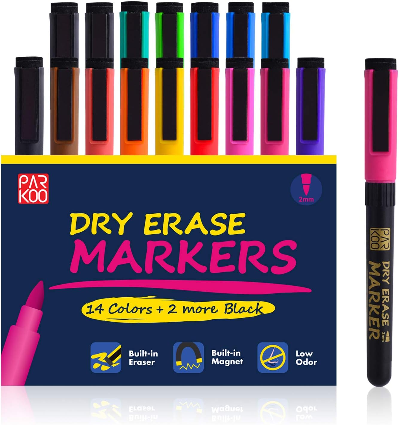 ParKoo Dry Erase Markers, 16-pack Magnetic Low Odor Whiteboard Markers with Eraser, Medium Point Erasable Marker Pens Perfect for Kids Classroom Work Office Home