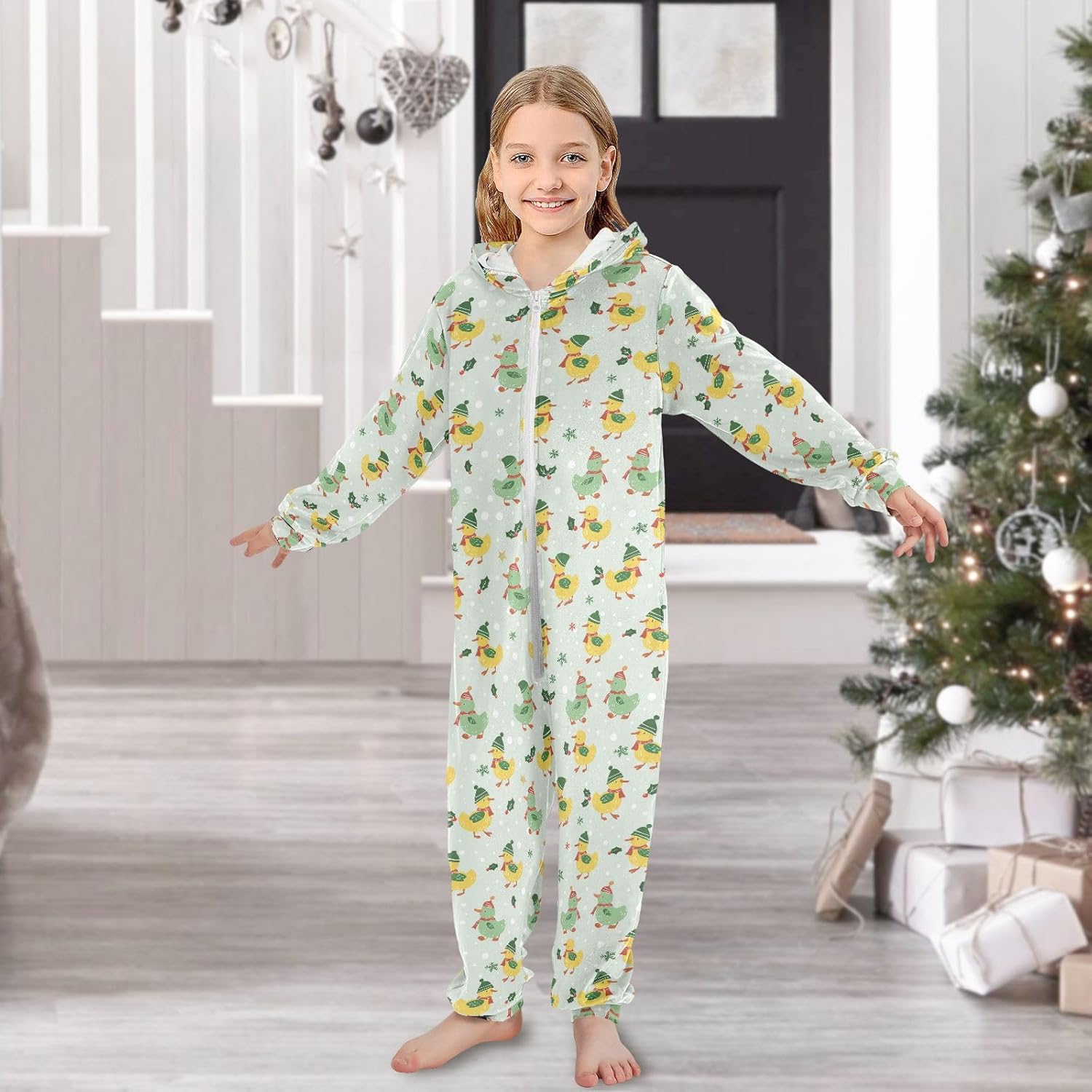 Sleepwear Holiday Pajamas Zip Up Hooded One-Piecing Sleeper Loungewear for Parties Sleepovers 4-14Y
