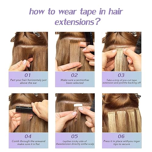 Miniatura 6 de Sindra Extensiones de cabello humano real con cinta, 22 pulgadas, color marrón chocolate con rubio caramelo, extensiones de cabello humano con cinta