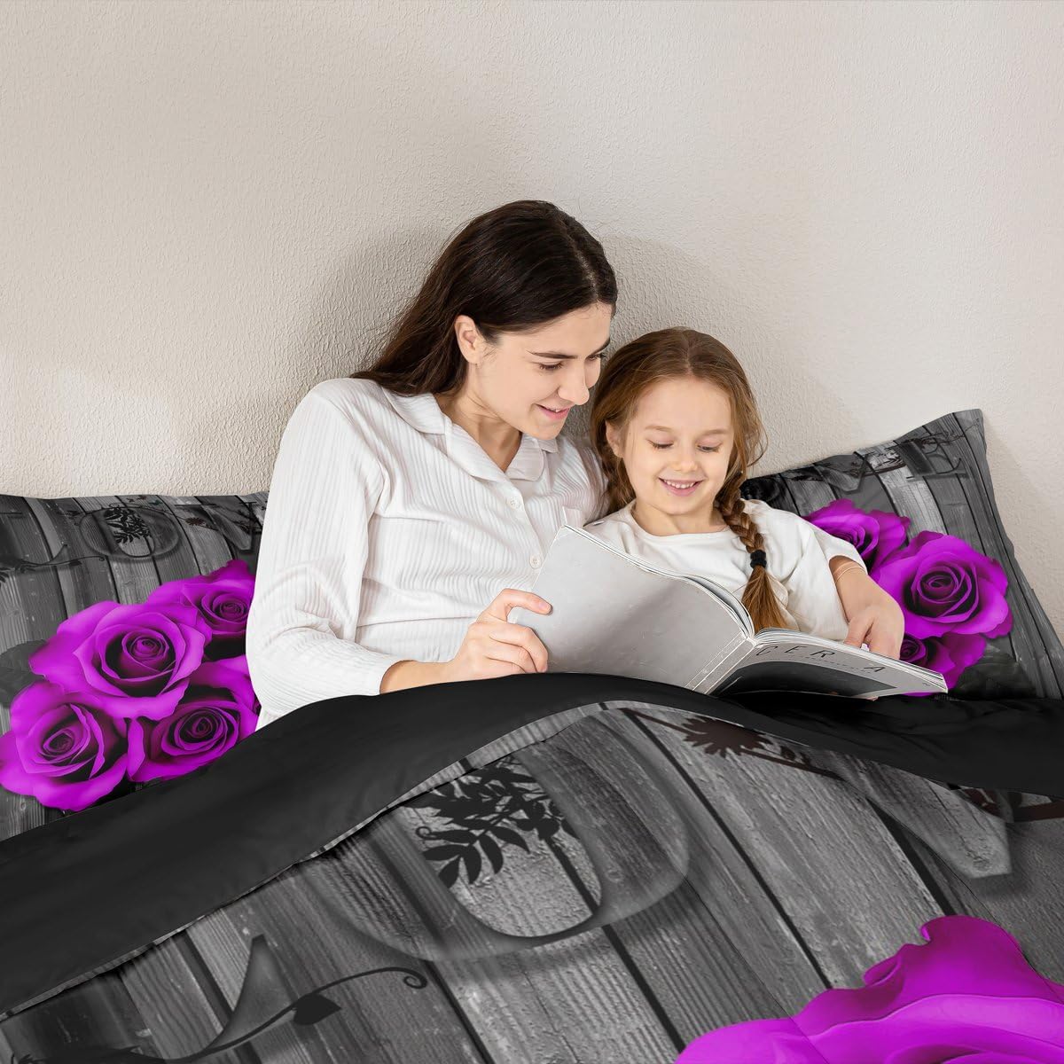 Erosebridal Purple Rose Bedding Sets Queen Purple Black Romantic Floral Comforter Set for Girls Women Valentine's Day Blossom Flower Quilt Retro Rustic Farmhouse Rose Bed Comforter 2 Pillow Cases