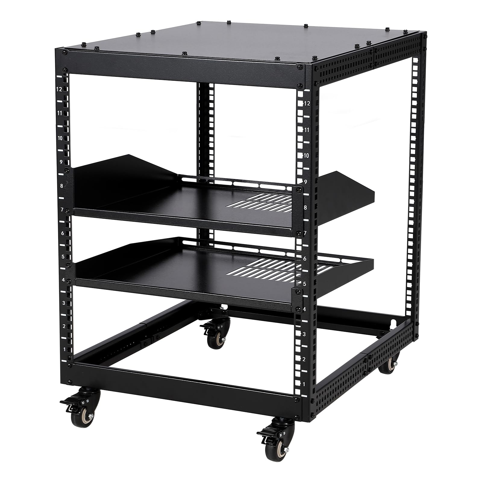 Garvee Support Ouvert Robuste pour équipements réseau – Acier Carbone, Profondeur réglable 56-102cm, 12U, 2 étagères ventilées, roulettes verrouillables, Montage Peinture Murale ou au Sol – avec 2