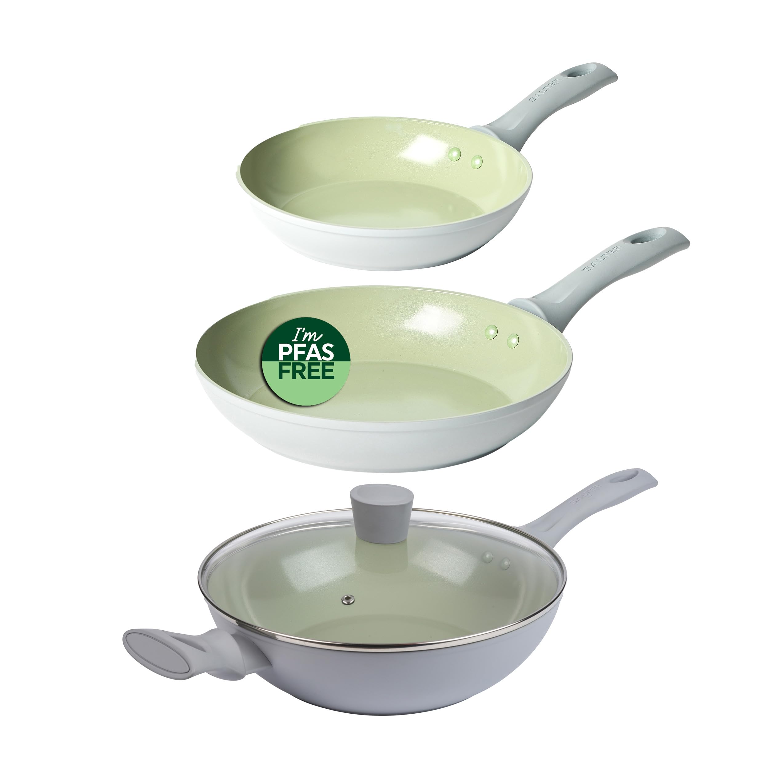 Salter Earth 3-Piece Frying Pan & Wok Set – Includes 20/24 cm Frying Pan & 28 cm Wok with Glass Lid, Healthy Ceramic Non-Stick Coating, PFAS-Free Induction Cookware, Easy Clean, PFOA/PTFE-Free, Green