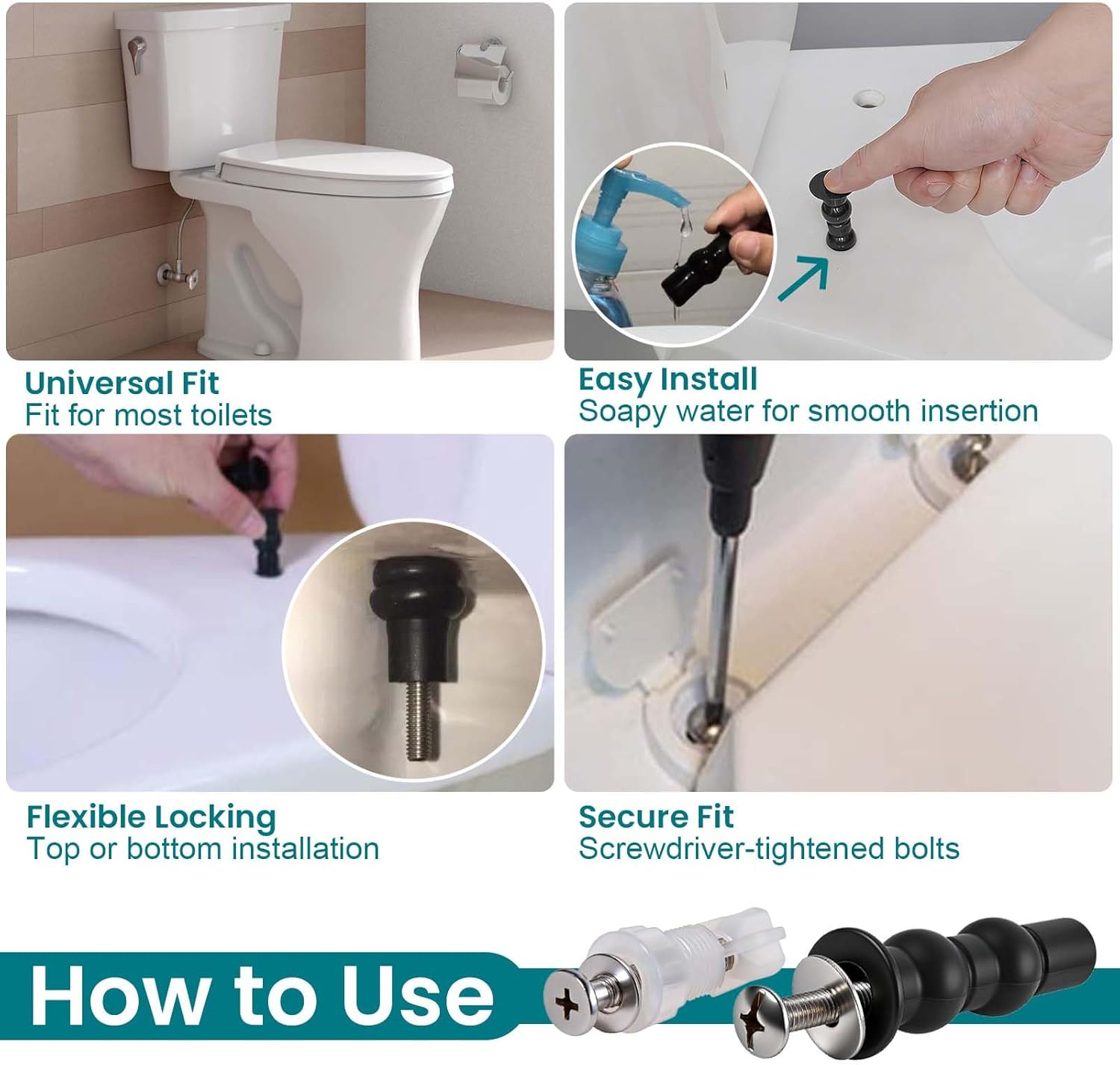 Universal Toilet Seats Screws and Bolts Toilet Seat Replacement Parts Kit Toilet Seat Hinges Bolt Screws with Fixings Expanding Rubber Stainless Steel for Most Toilets