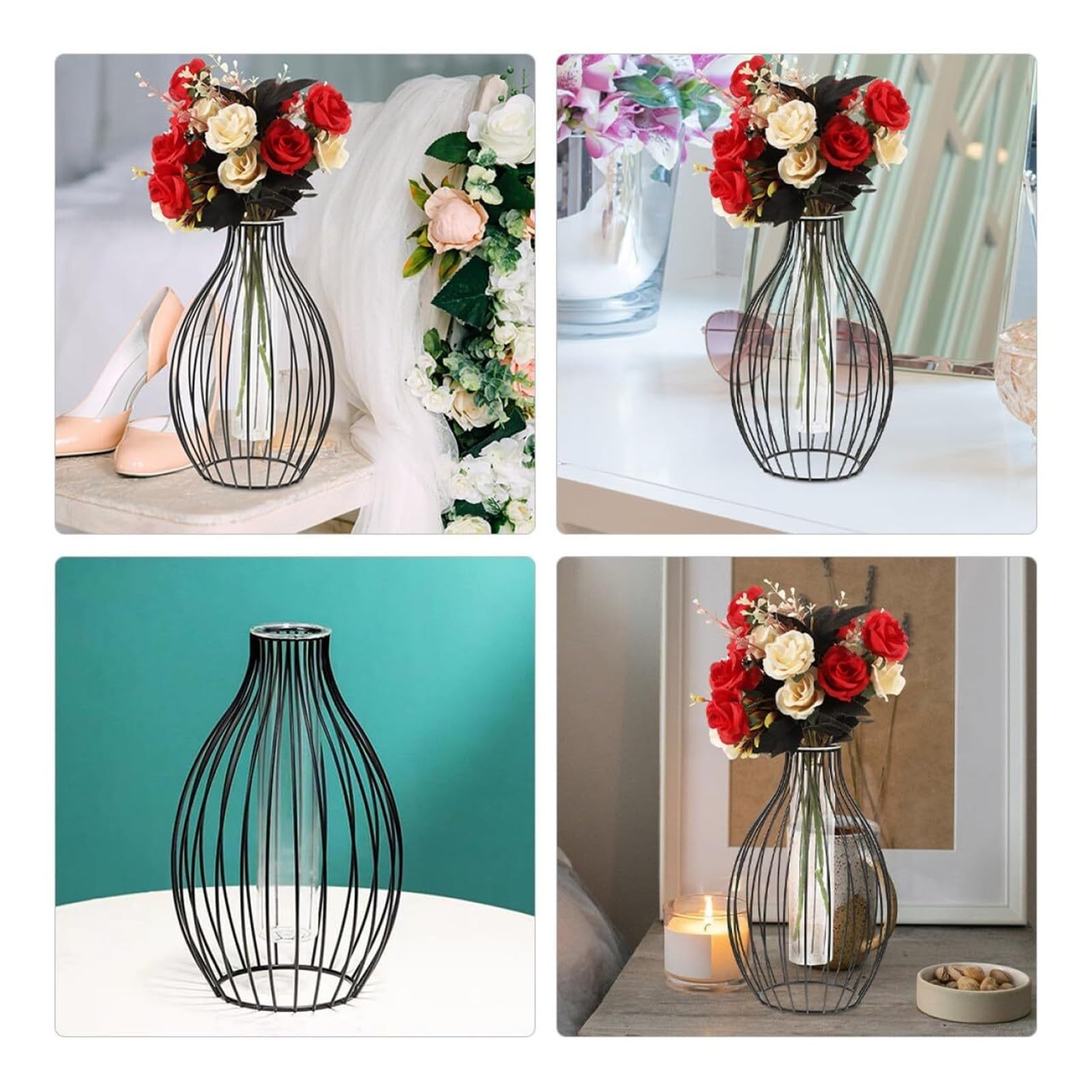Vases à Fleurs Station de Propagation en Verre avec Cadre d'art Fer et Vase Tube à essai, présentoir Fleurs Table Décoration de Bureau