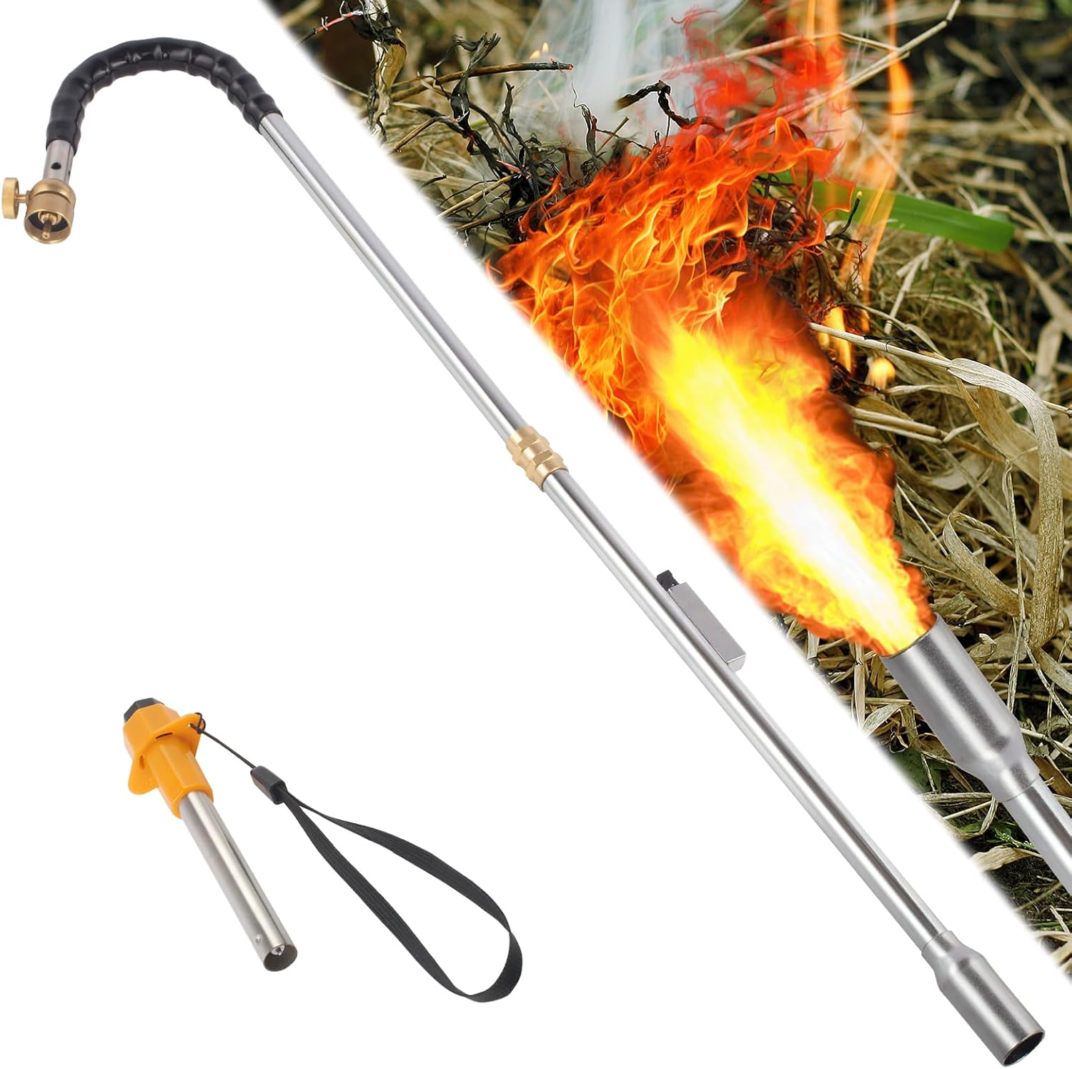 Weed Torches for Outside,34" Weed Burner Torch for Propane Tank Propane Weed Torch Built in Ignition Flamethrower Non Slip Rubber Grips Iron Pipe 80000BUT Clear Weed Torches