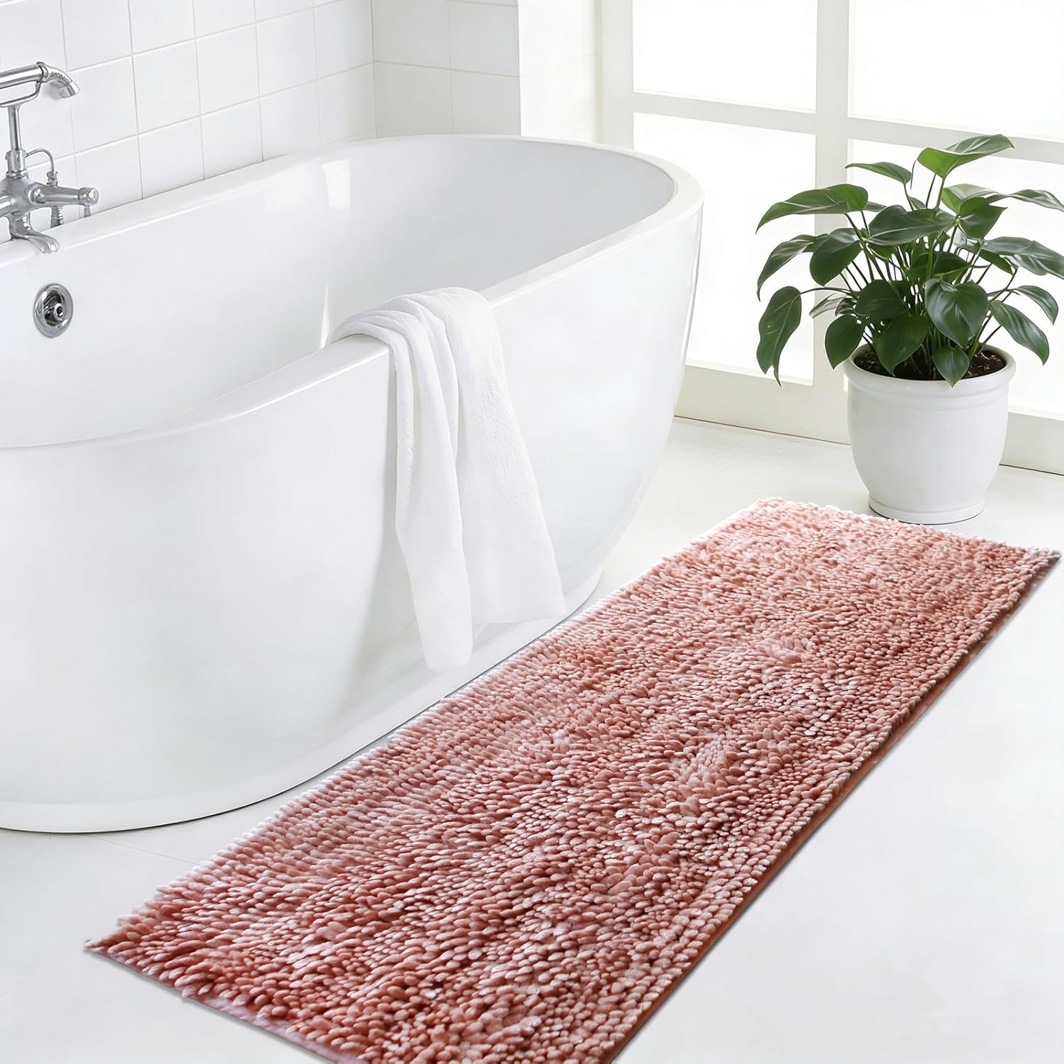 Civkor Bathroom Runner Rug Pink Bath Mat for Bathtub, Chenille Long Bathroom Rug Large 47x20 Inch Non Slip Backing Extra Soft and Absorbent Thick Shaggy Floor Mats, Machine Washable