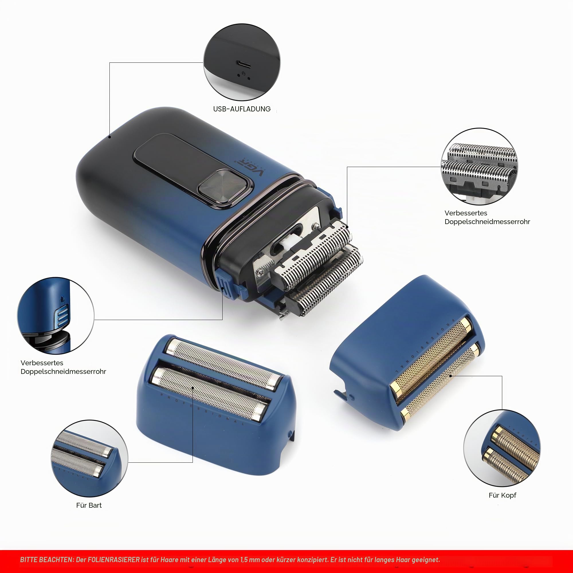 VGR Elektrischer Folienrasierer für Herren, 7500 U/min, Pop-Up-Trimmer, USB-C-wiederaufladbarer 120-min-Akku, für Gesicht, Haare, Bart, Hals, Glatze, Haut, verblassend