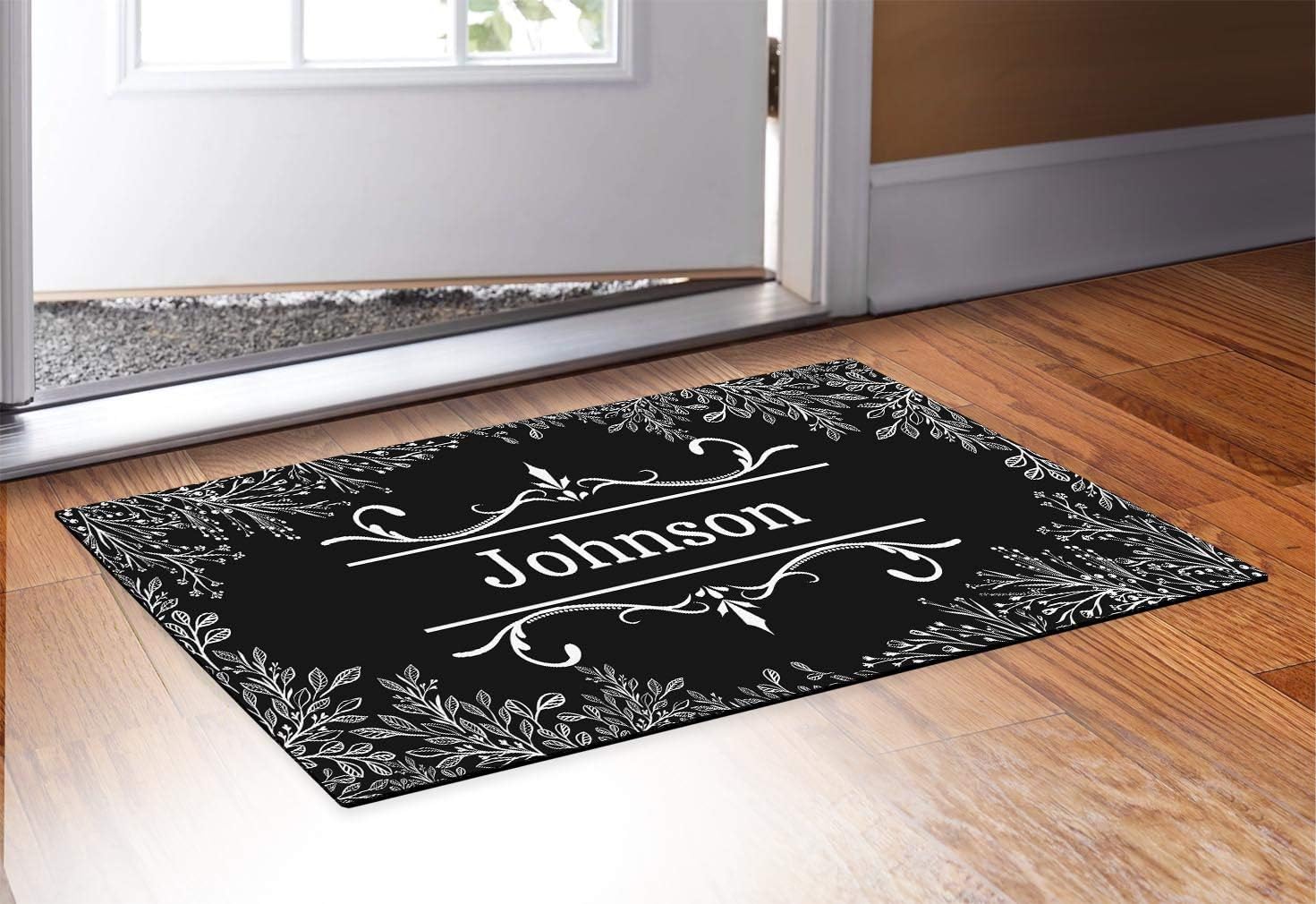 Custom Wedding Gifts Custom Text Personalized Welcome Mat Leaves Personalized Doormat Black & White