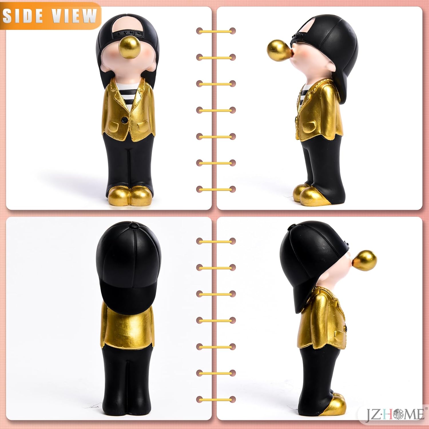 Figurines Home Decor, Blowing Bubble Cute Statue Resin Funny Small Sculpture Tabletop Ornaments for Living Room Bookshelf Decor (Black/Gold)