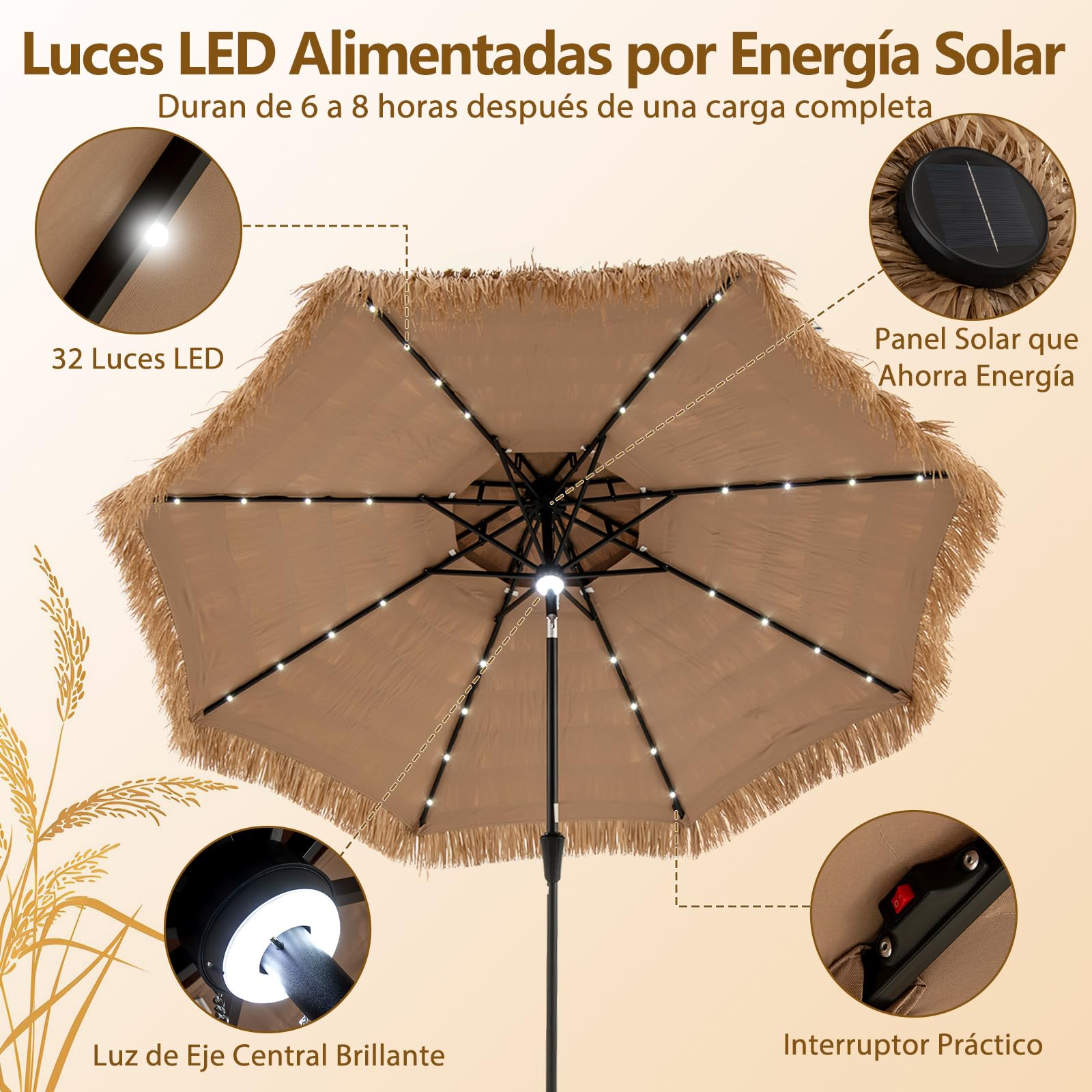 COSTWAY Sombrilla Terraza Exterior con Techo de Paja, Sombrilla Hawaiana con 8 Varillas, Botón para Inclinación, Parasol Exterior con Doble Respiradero para Playa Patio Piscina