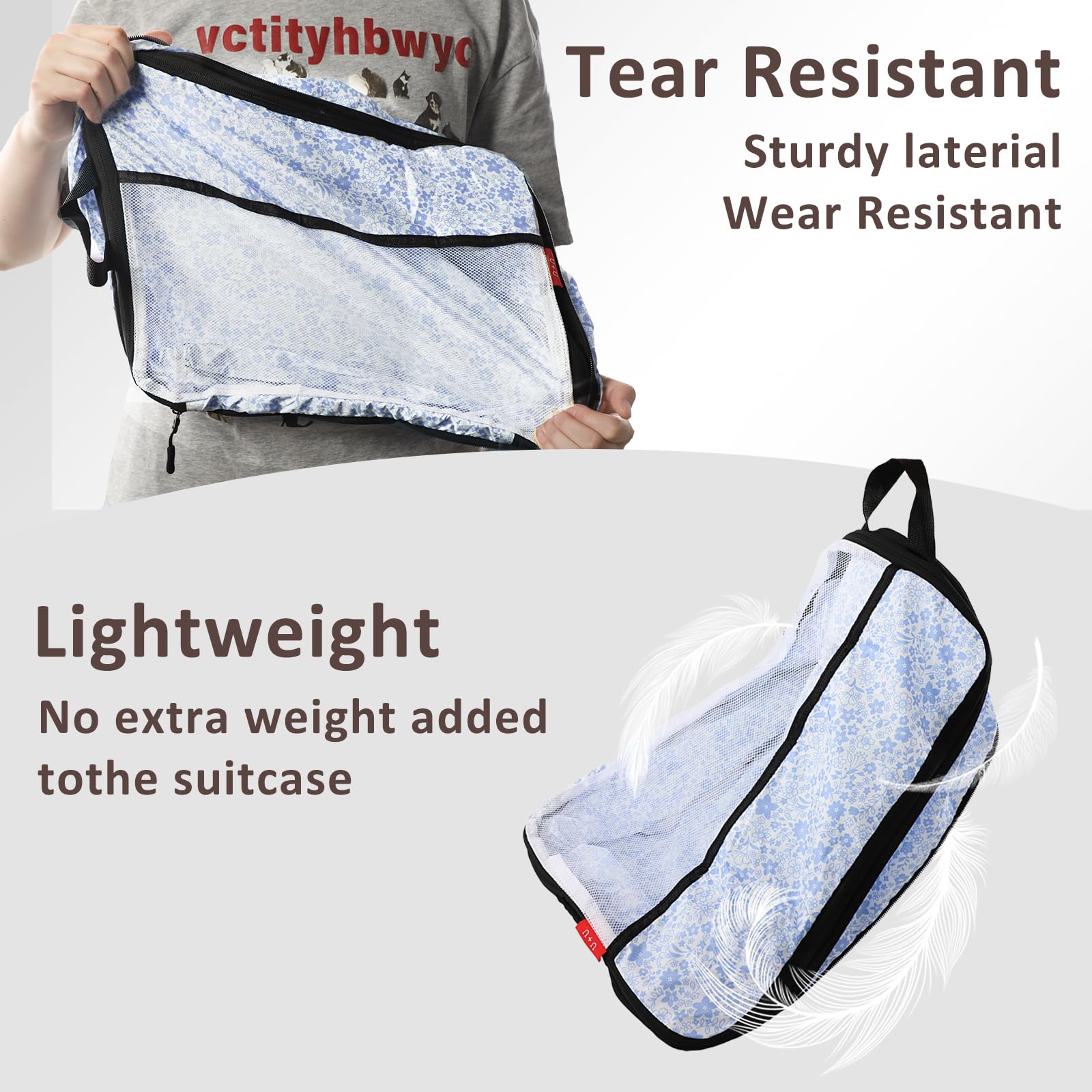 U+U Set di 10 cubi per imballaggio a compressione, organizer da viaggio (fiore blu) | Set da viaggio completo salvaspazio