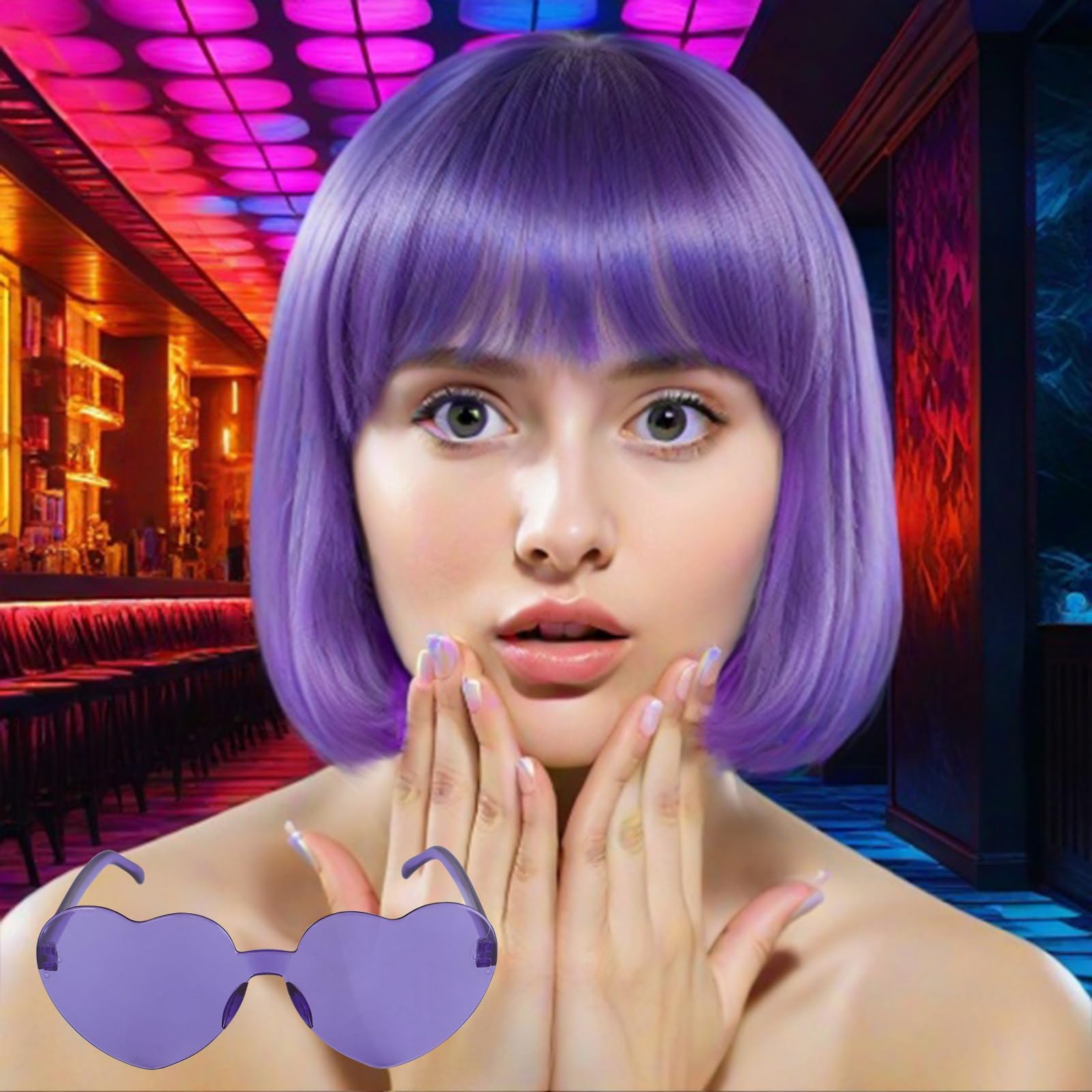 BECULINA Light Purple Bob wig+Hair Cap Lilac Purple Funny Wig with Bangs for Women Light Purpling Bob Cosplay Wigs for Cosplay Halloween Party Costume Outfit - Image 3