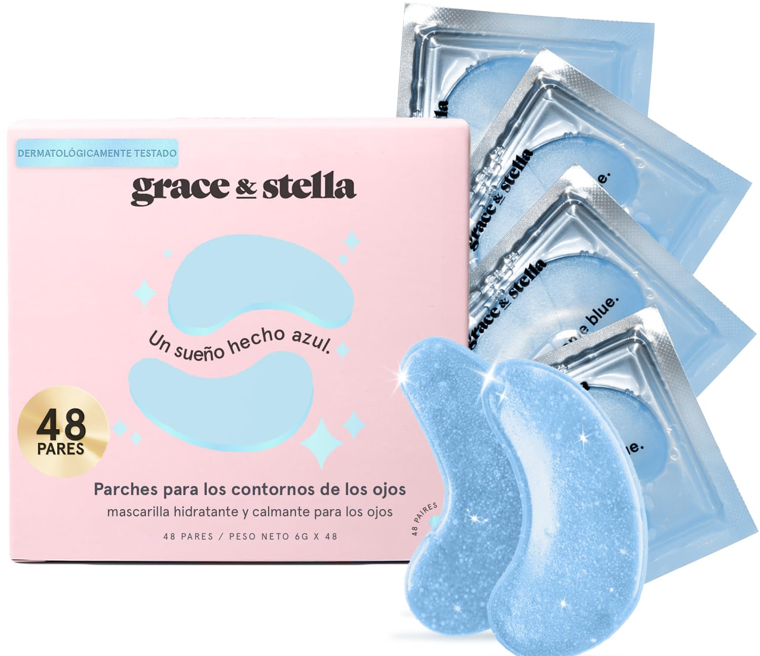Grace & Stella Parches de Ácido Hialurónico para Ojos- Reducen Arrugas, Ojeras y Bolsas Mujer - Parches Ojos Premiados Veganos y No Testados en Animales [48 Pares, Azul]