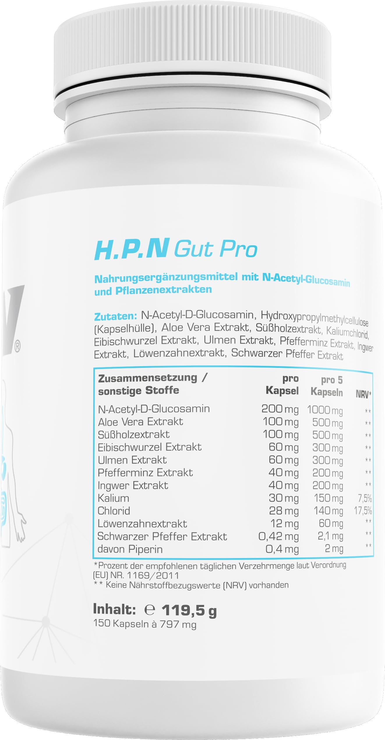 H.P.N - Gut Pro | Unterstützung von Magen, Verdauung & innerem Wohlbefinden | Komplex mit Aloe Vera, Süßholz, Ingwer & 6 weiteren Pflanzenextrakten - 150 Kapseln