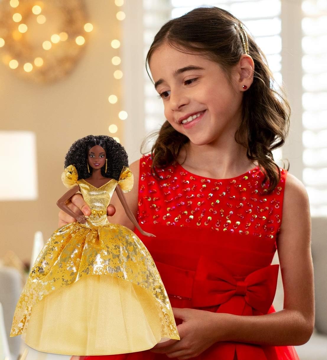 Barbie Signature 2020 Holiday Doll (12-inch Brunette Curly Hair) in Golden Gown, with Doll Stand and Certificate of Authenticity, Gift for 6 Year Olds and Up