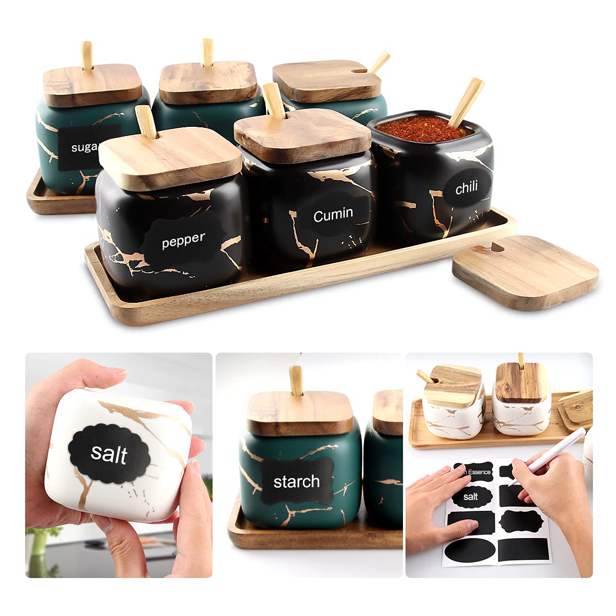 Set de 3 Pots à Épices En Céramique, Boîtes en Céramique Spice Container, Aspect Marbre - Pot à Épices Avec Couvercle En Bois Véritable Et Cuillère en Bambou et Plateau en Bois (noir)