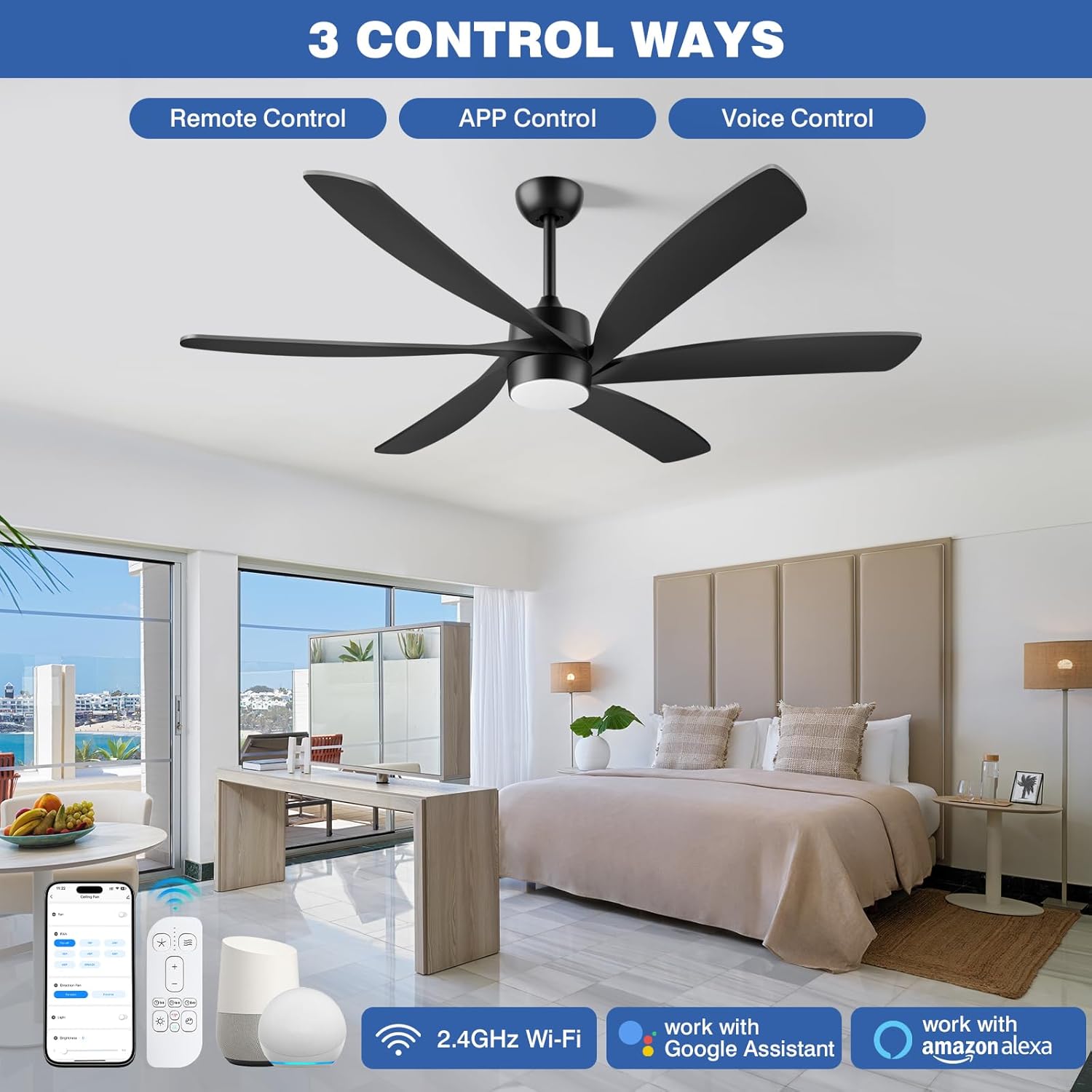 Outdoor Ceiling Fans with Lights, 64 Inch Modern Black Smart Ceiling Fan with Remote& APP& Alexa, 6 Blade ABS Damp Rated Ceiling Fan Exterior for Patio Proch Indoor Living Room Industrial Fan