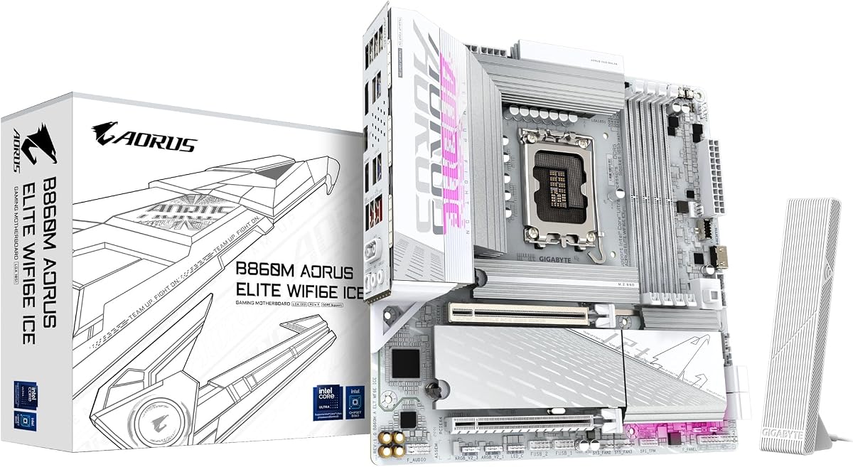 GIGABYTE B860M AORUS Elite WIFI6E ICE Intel Core Ultra (Series 2) LGA 1851 Motherboard, mATX, DDR5, 3X M.2, PCIe 5.0, USB-C, WIFI6E, 2.5GbE LAN, EZ-Latch