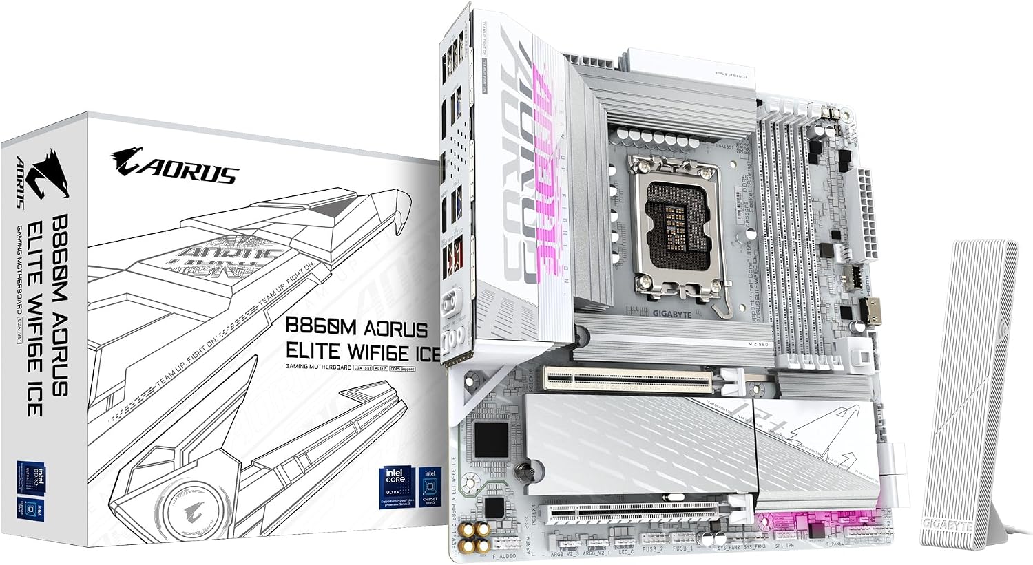 B860M AORUS Elite WIFI6E ICE Intel Core Ultra (Series 2) LGA 1851 Motherboard, mATX, DDR5, 3X M.2, PCIe 5.0, USB-C, WIFI6E, 2.5GbE LAN, EZ-Latch