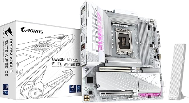 GIGABYTE B860M AORUS Elite WIFI6E ICE Intel Core Ultra Series 2 LGA 1851 Motherboard, mATX, DDR5, 3X M.2, PCIe 5.0, USB-C, WIFI6E, 2.5GbE LAN, EZ-Latch