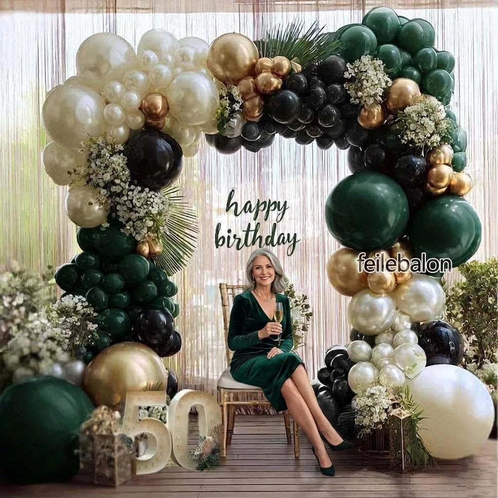 Dark Green Black Balloon Arch Double Stuffed Emerald Hunter Green, Pearl White Sand Gold Balloon Garland Kit for Birthday Graduation Wedding Anniversary Bridal Baby Shower Party Decoration