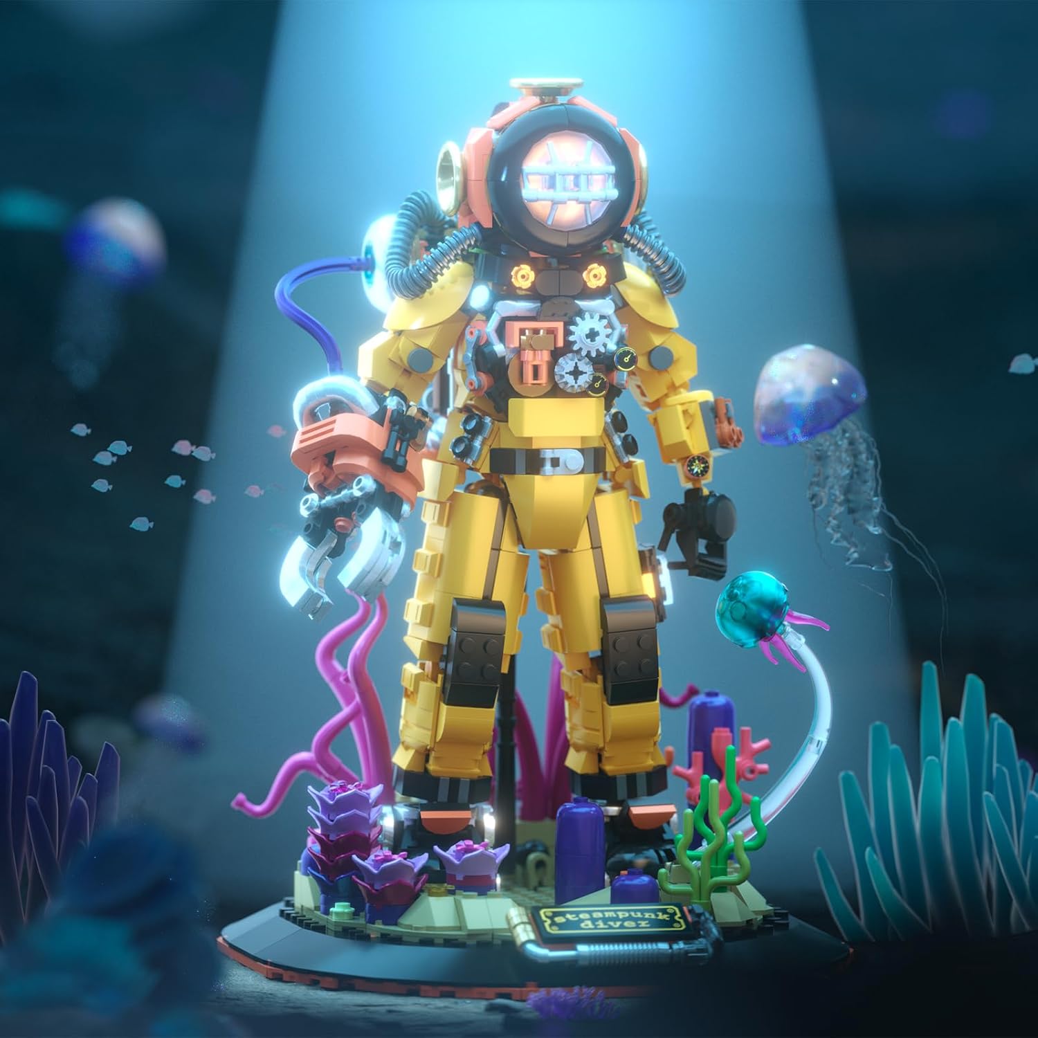 Mechanical Diver Building Set with LED Light, 1287 PCS Steampunk Model Building Kits with Deep Sea Scene Display, STEM Building Blocks, Gift for Adults Men Teens Kids 8+