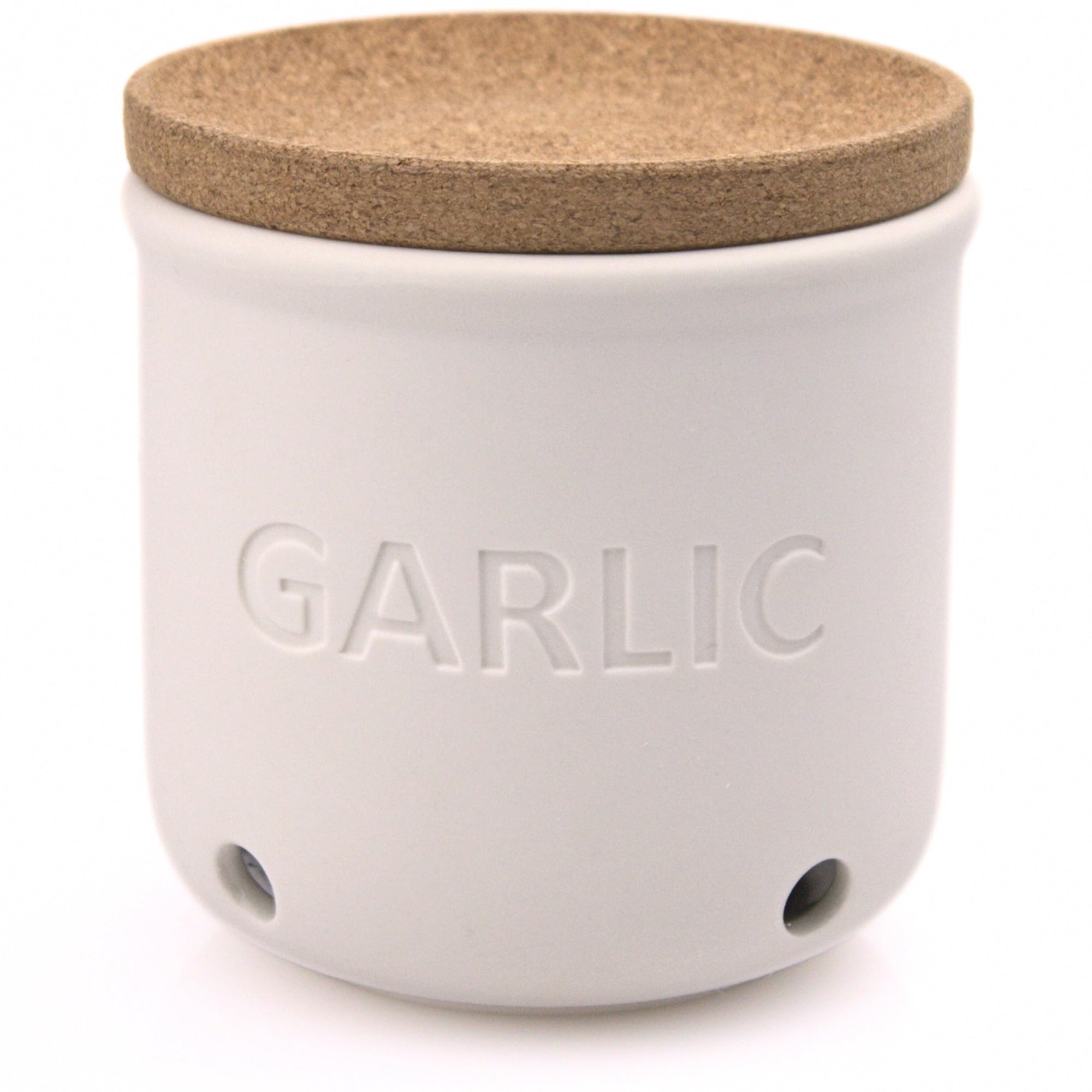 Okavango Garlic Keeper - White Ceramic Garlic Container with cork lid - Garlic Storage - Garlic Holder Countertop - Garlic Jar - Garlic Saver - Garlic Bowl - Garlic Cellar (White, 16oz)