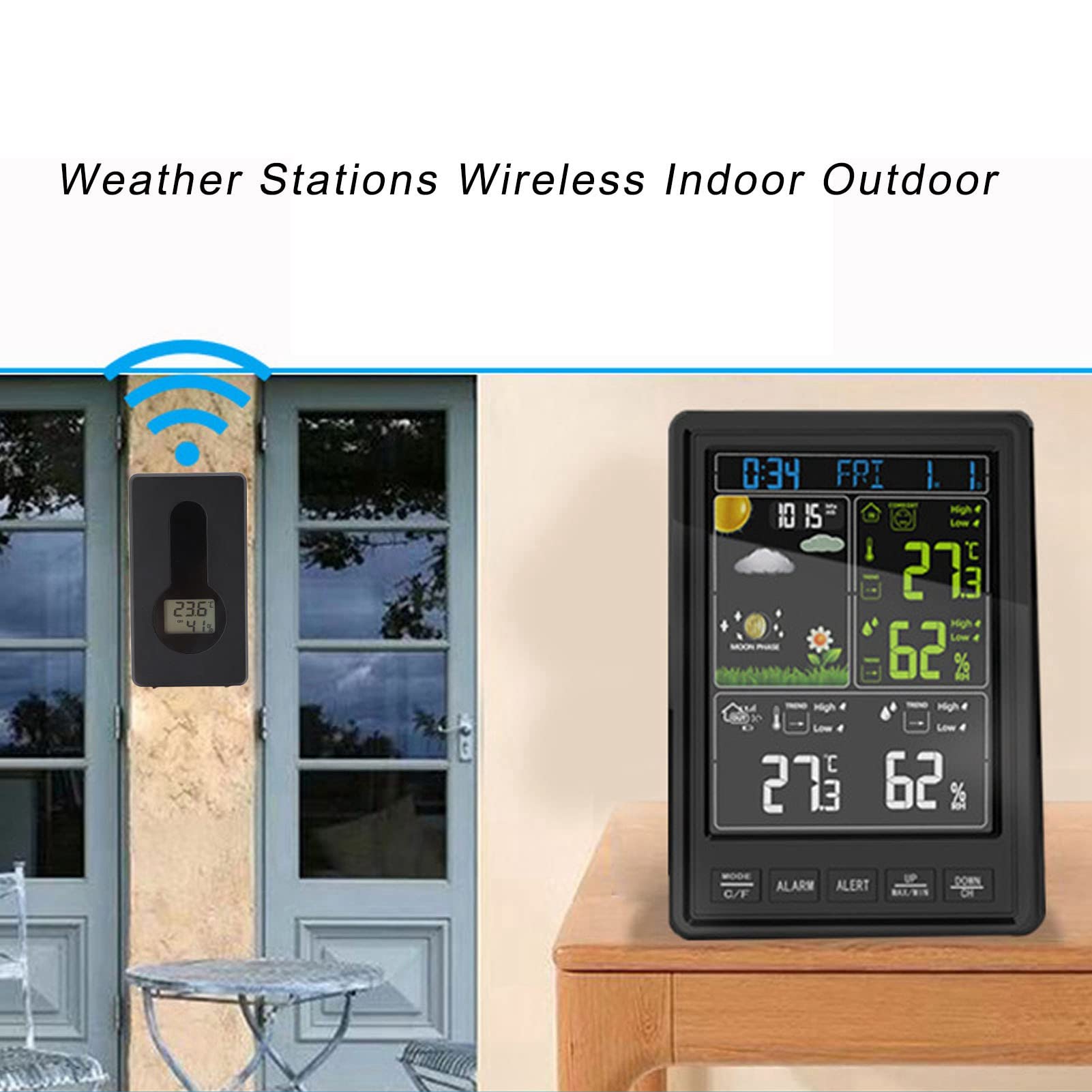 Kabellose Wetterstationen für den Innenbereich, einstellbare Hintergrundbeleuchtung, Wetterstation, 24-Stunden-Vorhersage, Innen- und Außenthermometer, doppelter Alarm