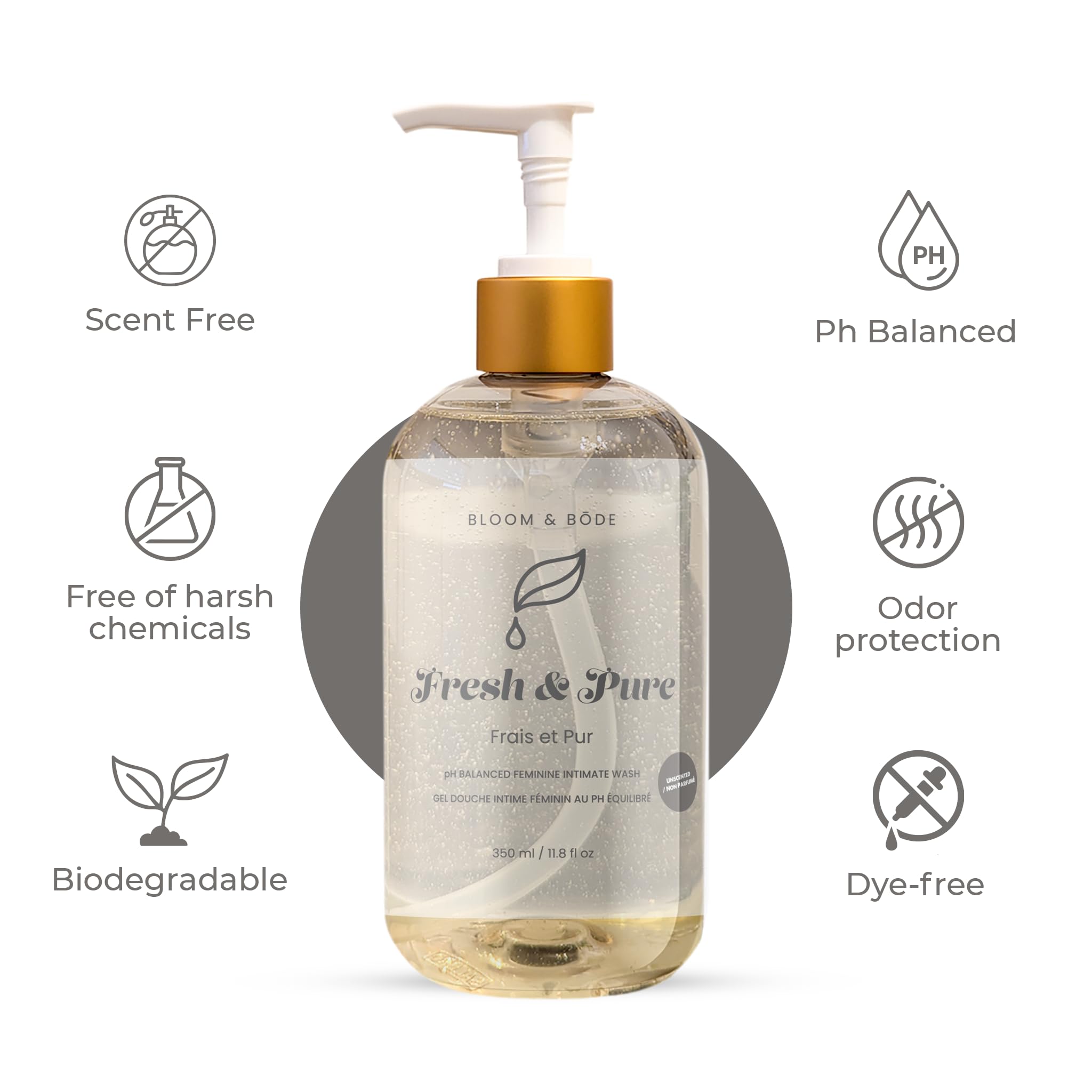Bloom & Bōde Unscented Premium Feminine Intimate Wash - pH Balanced Feminine Wash - Ultra Mosturizing Intimate Wash With Aloe Vera - Fresh & Pure Scent (Unscented), 350ml / 11.8 fl oz