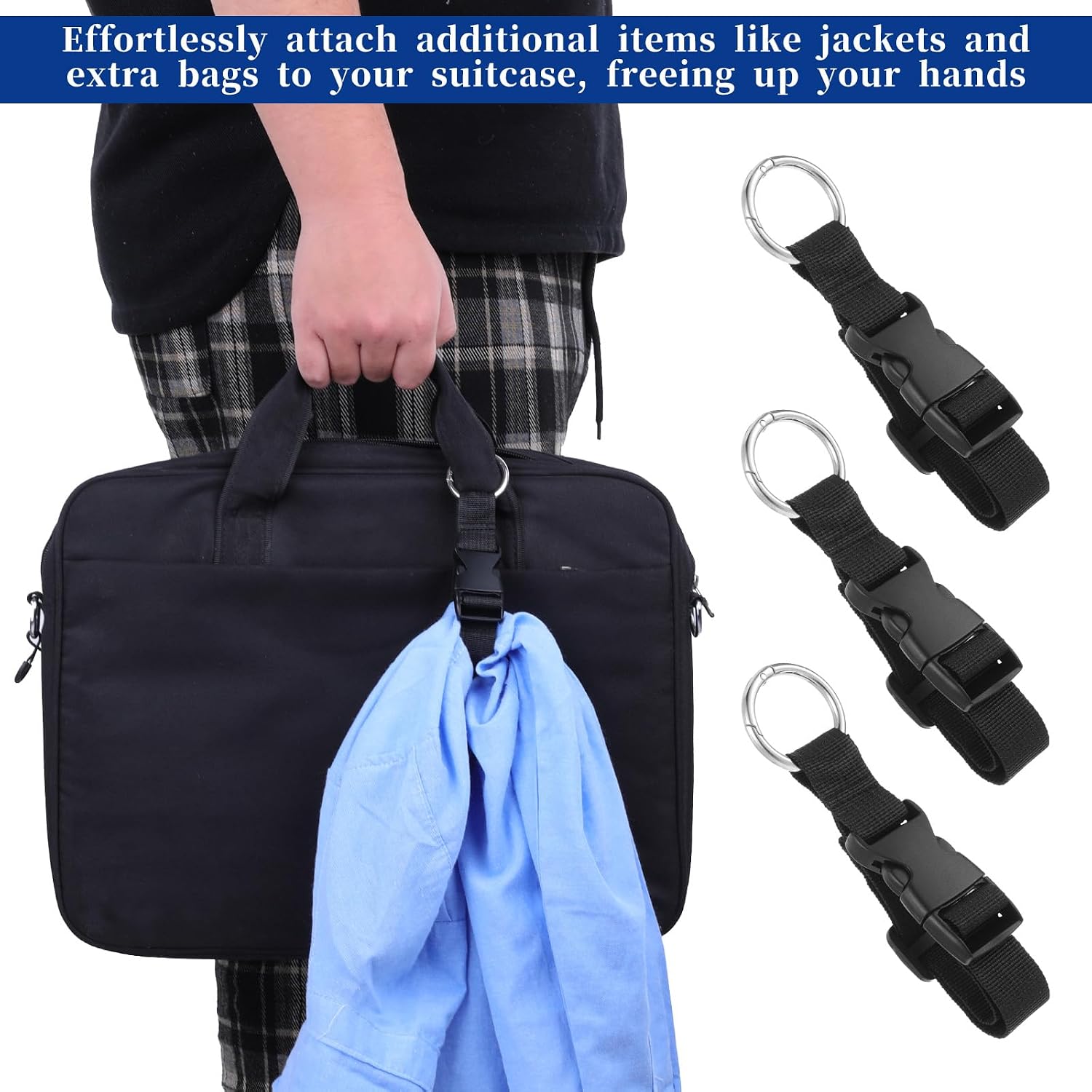 3 PCS Luggage Straps, Black Adjustable Luggage Connector Straps Heavy Duty Travel Belt with Metal Ring Hooks for Outdoor Travels Airport Connecting Luggages and Jackets