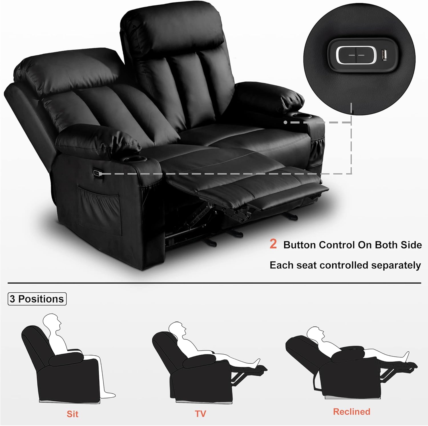 MCombo Zero Gravity Loveseat Recliner with Heat and Massage, Power Reclining Sofa for Living Room, Faux Leather 6075 (Black, Loveseat Recliner)